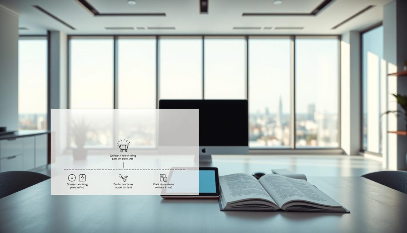 A modern, minimalist office interior with a bright, airy atmosphere. In the foreground, a stylized illustration depicts a step-by-step ordering process, with clean icons and simplified shapes representing the various stages. The middle ground showcases a sleek desktop computer, a tablet, and an open notebook, all arranged in a thoughtful, organized manner. The background features large windows overlooking a serene cityscape, with natural light flooding the space. The overall mood is one of efficiency, professionalism, and streamlined workflow, reflecting the subject matter of the article.