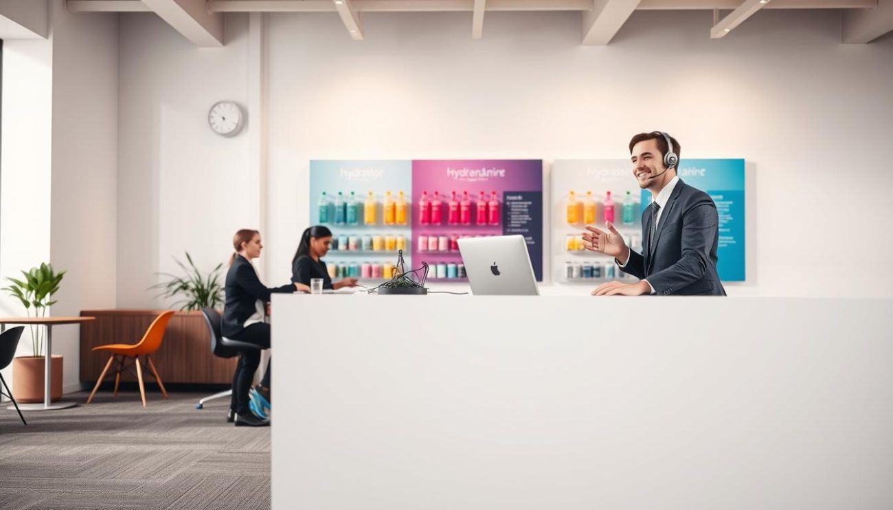 A modern, minimalist office interior with a large, white desk in the foreground. On the desk, a smiling customer service representative wearing a headset and a corporate uniform is assisting a customer, gesturing animatedly. The background features a wall-mounted display showcasing the company's hydration drink products, with sleek, colorful packaging. The lighting is soft and natural, creating a warm, professional atmosphere. The camera angle is slightly elevated, capturing the entire scene in a balanced, symmetrical composition.