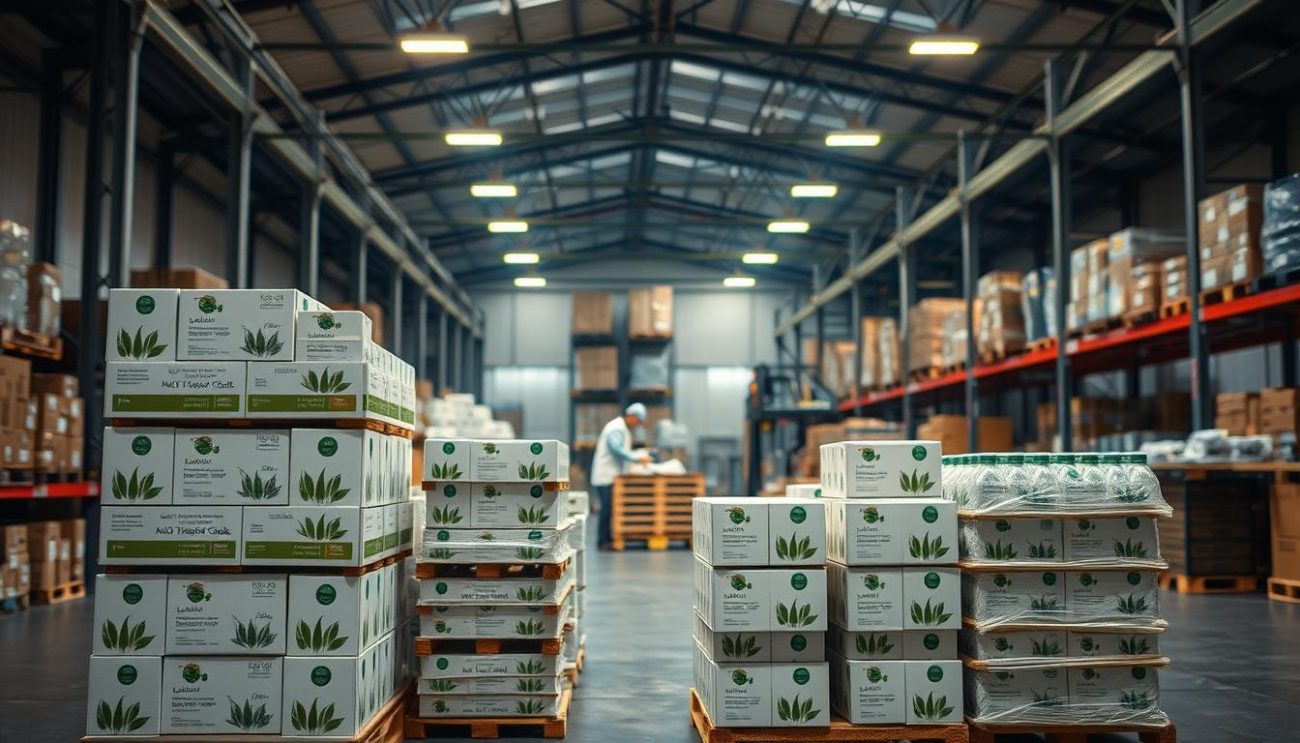 A modern, minimalist warehouse interior, dimly lit with warm, directional lighting. In the foreground, stacks of sustainable beverage packaging made from renewable materials like bamboo, recycled plastic, and biodegradable plant-based fibers. The packaging features clean, geometric designs and natural textures. In the middle ground, workers carefully palletize the packaged goods, ready for distribution. The background showcases the efficient, organized logistics of the warehouse, with rows of shelving and shipping containers. An atmosphere of environmental responsibility and innovative product design pervades the scene.