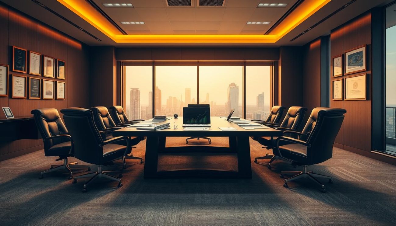 A modern office interior with a large meeting table surrounded by plush leather chairs. On the table, various financial documents, laptop, and a graph displaying pricing data. The walls are adorned with framed awards and certificates, conveying a sense of professionalism and success. Warm, directional lighting casts a golden glow, creating an atmosphere of intense strategic discussion. The room is spacious, with floor-to-ceiling windows offering a cityscape view, suggesting a high-end, prestigious setting. The overall mood is one of focused, competitive pricing analysis, with an air of confident decision-making.