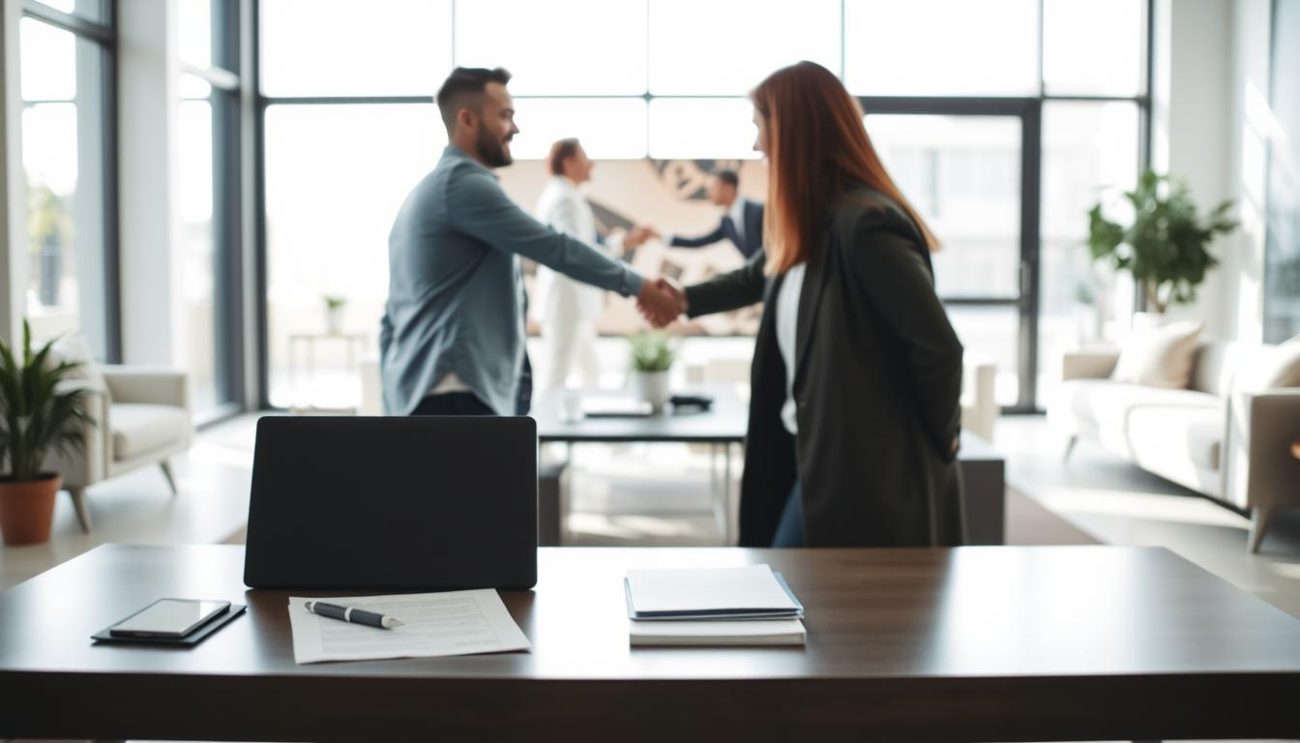 A modern office scene depicting the buying process. In the foreground, a desk with a laptop, pen, and documents, representing the research and decision-making stages. In the middle ground, two people shaking hands, signifying a business transaction or deal. The background features minimalist, contemporary furnishings and large windows, flooding the space with natural light and a sense of professionalism. The overall mood is one of efficiency, collaboration, and a seamless buying experience. Lighting is soft and even, using a wide-angle lens to capture the full scene. The color palette is predominantly neutral tones, with pops of accent colors to create visual interest.
