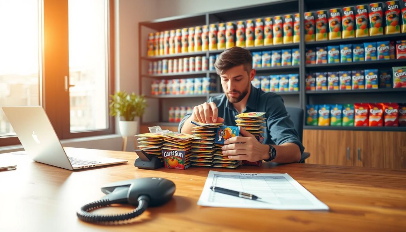 A modern office setting with a wooden desk, a bright window, and a laptop on the left. In the center, a person sits at the desk, intently focused on a stack of Capri Sun pouches, carefully selecting and arranging them. The middle ground features a phone, a pen, and an order form, hinting at the ordering process. The background showcases shelves filled with various Capri Sun flavors, creating a sense of a well-stocked inventory. The lighting is warm and natural, casting a soft glow on the scene. The overall atmosphere conveys a sense of efficiency and professionalism in the Capri Sun ordering workflow.