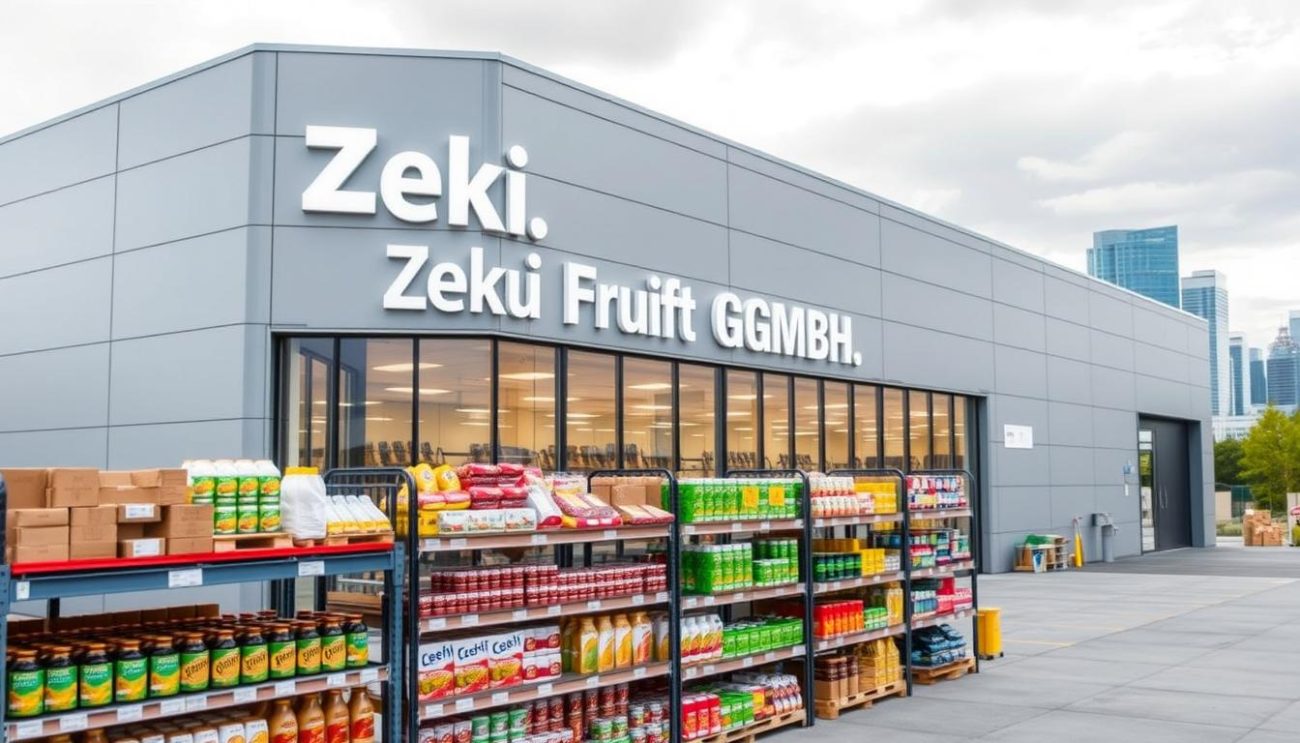 A modern, professional commercial warehouse facility with the Zeki Frucht GmbH logo prominently displayed on the exterior. The building has a sleek, minimalist design with clean lines and large windows that allow natural light to flood the interior. In the foreground, several well-stocked shelves showcase a variety of high-quality products, conveying a sense of reliability and attention to detail. The background features a cityscape with modern skyscrapers, suggesting a thriving urban environment. The overall mood is one of efficiency, quality, and attention to detail, reflecting the company's reputation as a trusted provider of premium goods.