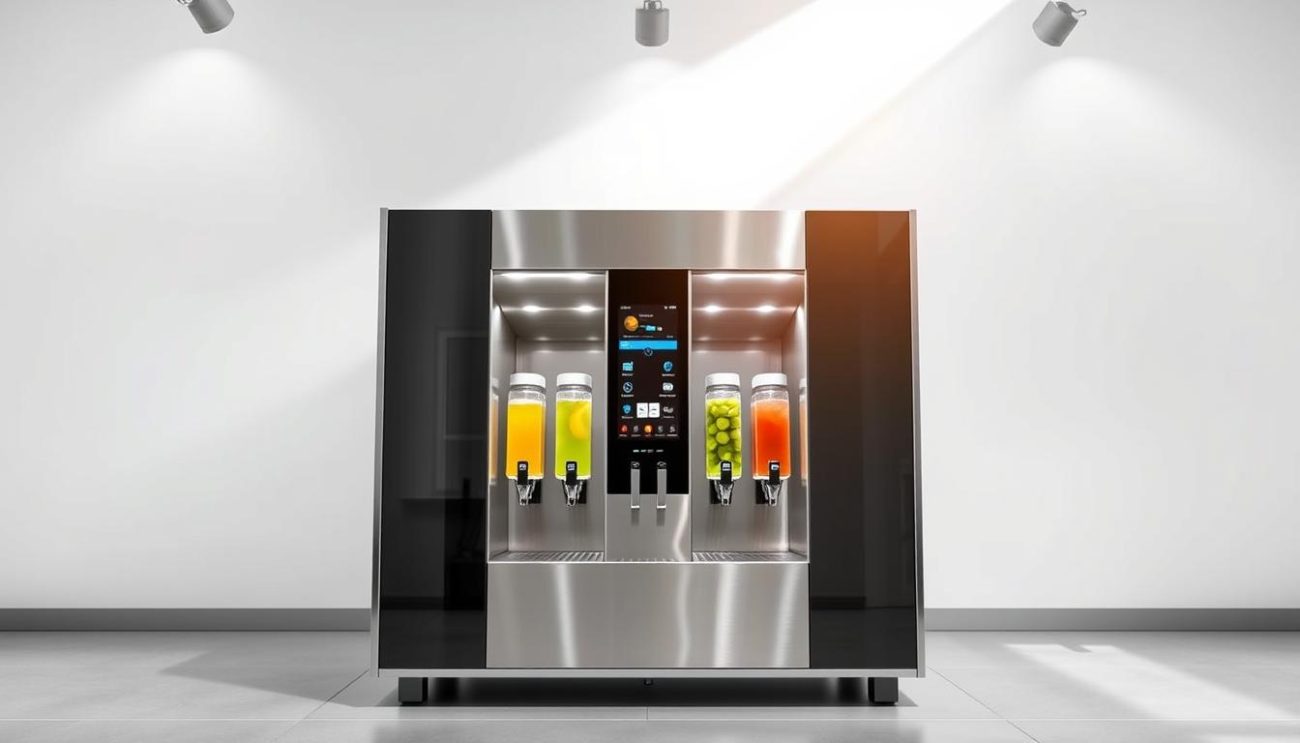 A modern, sleek functional drink distributor stands in a bright, airy showroom. Gleaming stainless steel and tempered glass panels create a minimalist, high-tech aesthetic. The device features a central touchscreen display, multiple dispensing taps, and indicator lights to showcase the variety of functional beverages available. Soft, diffused lighting from overhead spotlights illuminates the distributor, giving it a clean, professional appearance. The background is a simple, neutral-toned setting, allowing the distributor to take center stage. This image conveys the innovative, premium quality of the functional drinks offered by Zeki Frucht GmbH.