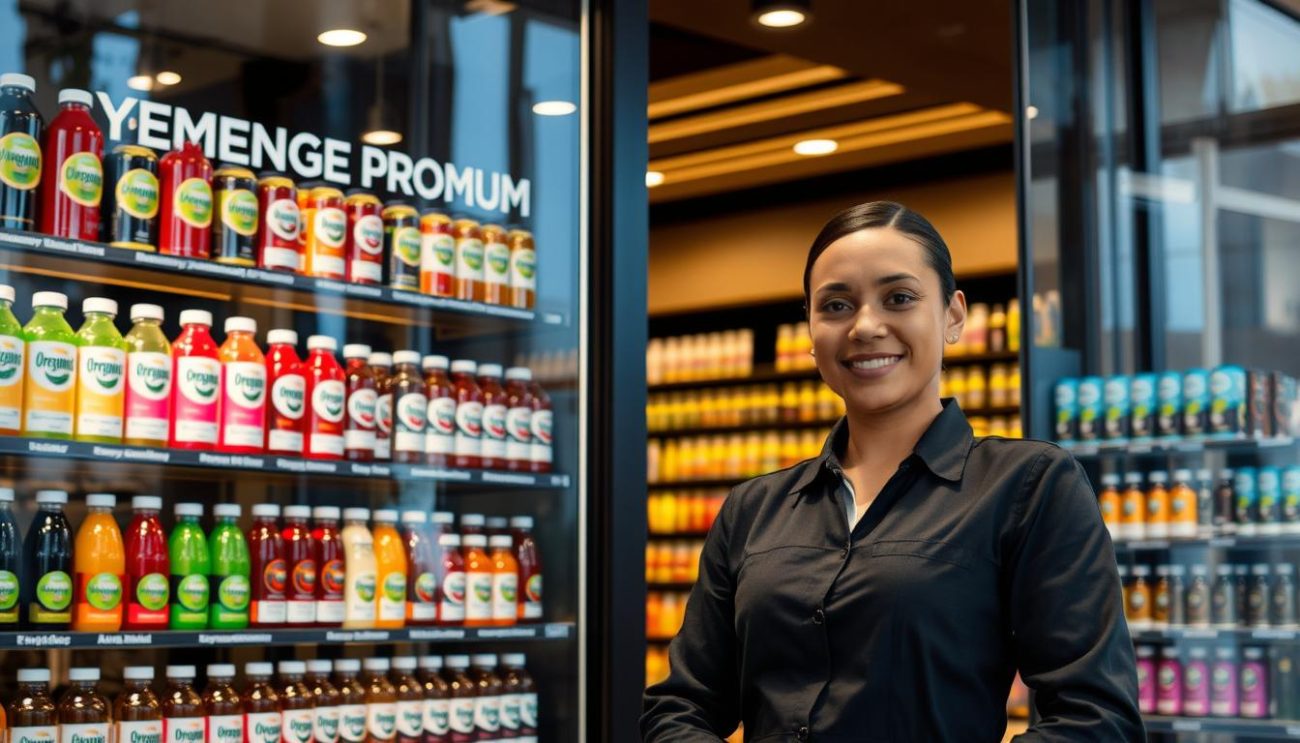 A modern, sleek storefront with large windows displaying an array of premium organic energy drinks. The interior is well-lit with a mix of natural and warm lighting, creating a welcoming and high-quality atmosphere. Shelves are neatly stocked with various flavors and sizes of the energy drink bottles, showcasing their vibrant colors and organic branding. In the foreground, a knowledgeable and approachable sales associate stands ready to assist customers, dressed in a smart, uniform-style outfit. The overall scene conveys a sense of professionalism, health-consciousness, and a commitment to providing top-notch organic products and customer service.
