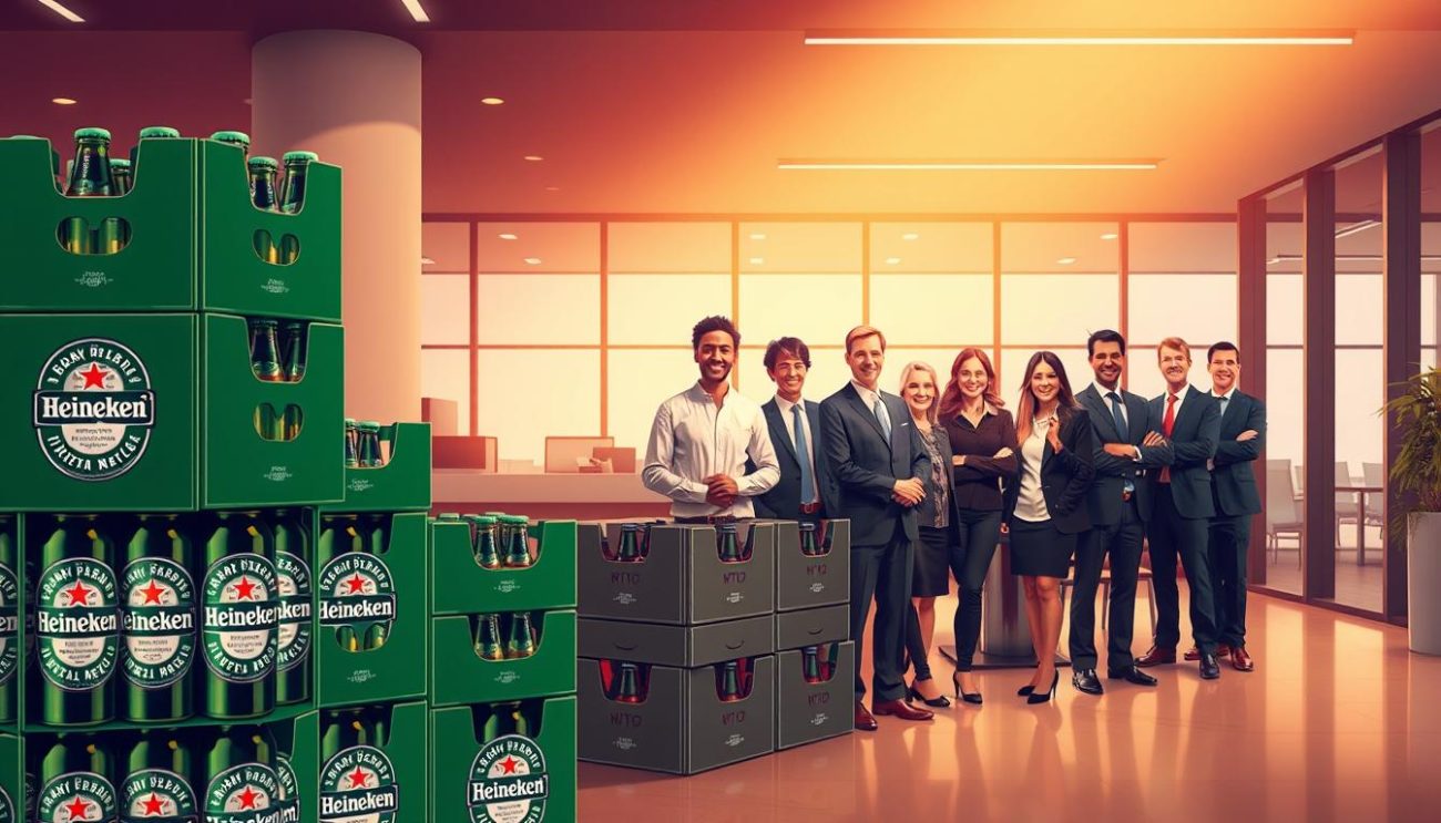 A modern, visually striking illustration depicting the advantages of choosing Zeki Frucht GmbH as a Heineken beer wholesale supplier. In the foreground, a stack of neatly organized beer cases, conveying reliability and efficiency. In the middle ground, a team of smiling, diverse sales representatives, representing excellent customer service. In the background, a sleek, contemporary office space with large windows, suggesting a professional, trustworthy business. The lighting is warm and inviting, with subtle highlights accentuating the quality of the beer and the competence of the staff. The overall atmosphere evokes a sense of partnership, expertise, and the mutual benefits of working with Zeki Frucht GmbH.