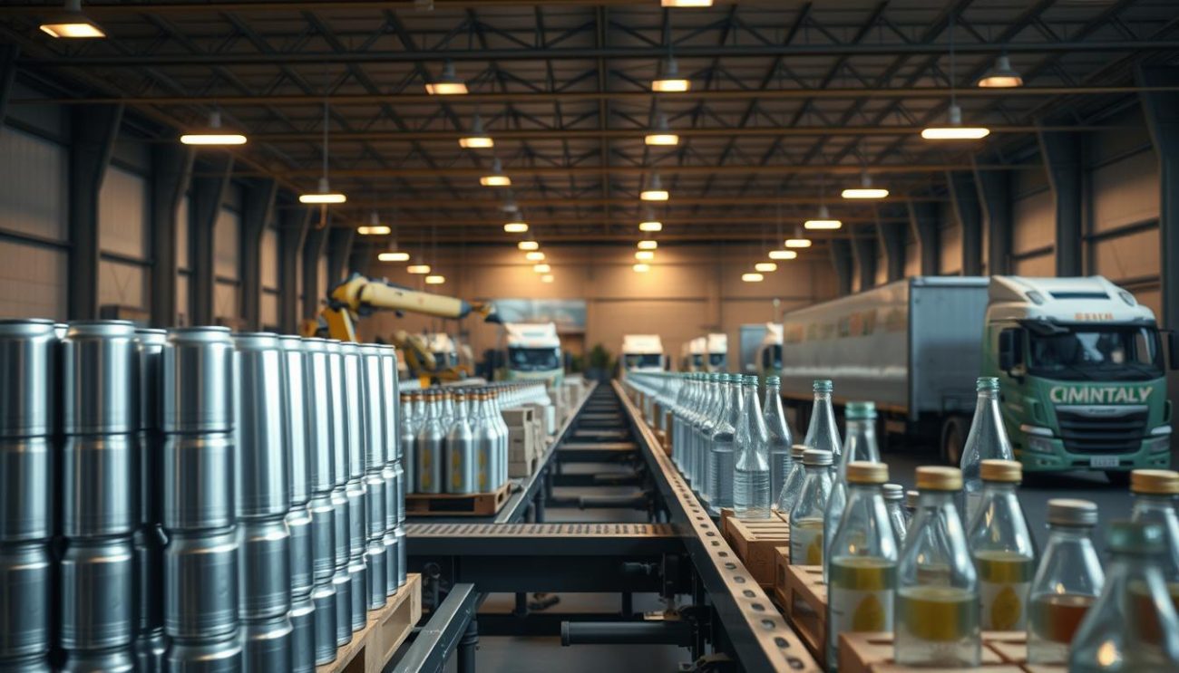 A modern warehouse interior, dimly lit with warm overhead lighting. In the foreground, rows of stacked, sustainable beverage packaging - sleek aluminum cans, compostable cartons, and refillable glass bottles. The middle ground showcases a conveyor system transporting the packaged goods, with robotic arms efficiently loading them onto pallets. In the background, a fleet of eco-friendly delivery trucks waits to transport the sustainable solutions to distribution centers. The scene conveys a sense of innovation, environmental consciousness, and logistical efficiency.