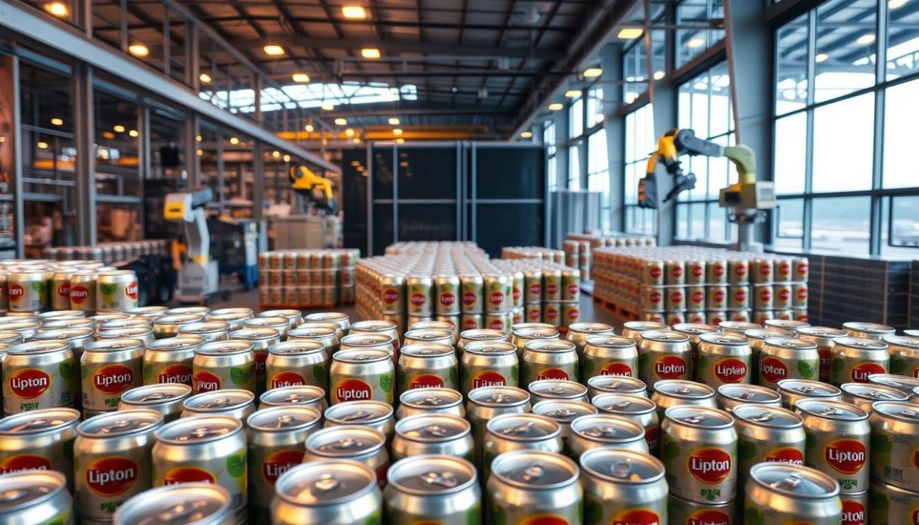 A modern warehouse interior with an abundance of Lipton Ice Tea cans stacked neatly in the foreground, their sleek and sustainable packaging shimmering under warm, diffused lighting. In the middle ground, robotic arms carefully arrange the cans into pallets, ready for transport. The background reveals a panoramic view of the facility, highlighting its efficient, eco-friendly operations. The overall scene conveys a sense of innovation, technology, and a commitment to environmental responsibility, reflecting the "Innovative and Sustainable Packaging Solutions" section of the article.