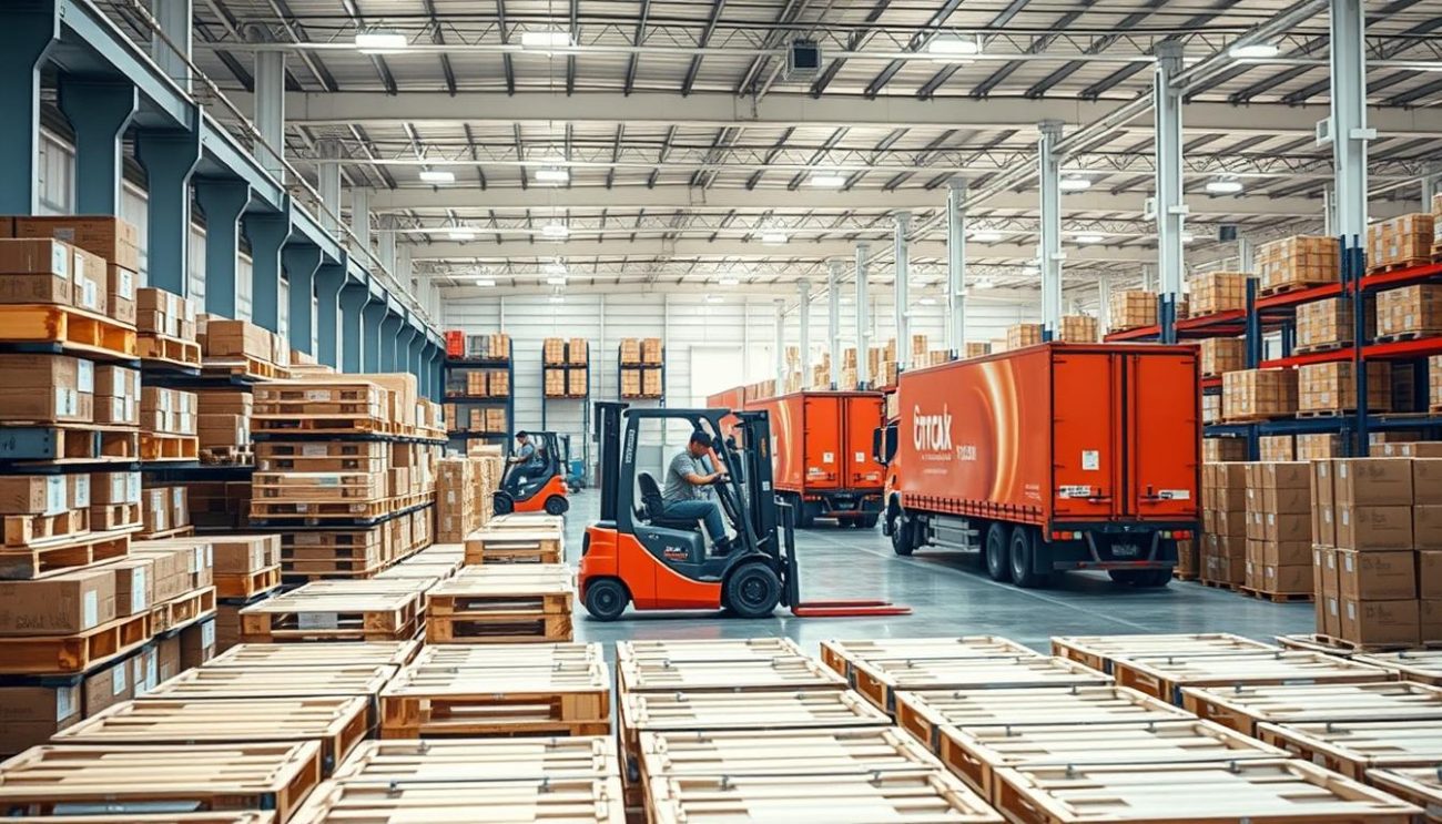 A modern warehouse interior, with rows of neatly stacked pallets and crates in the foreground, ready for shipping. In the middle ground, forklift operators carefully load cargo onto a fleet of delivery trucks, their efficient movements capturing the essence of a well-oiled logistics operation. The background features high ceilings, bright lighting, and a clean, organized layout, conveying a sense of streamlined processes and reliable service. The overall atmosphere exudes a professional, yet dynamic energy, reflecting the flexibility and precision of the "Flexible Ordering, Packaging, and Logistics" solutions.