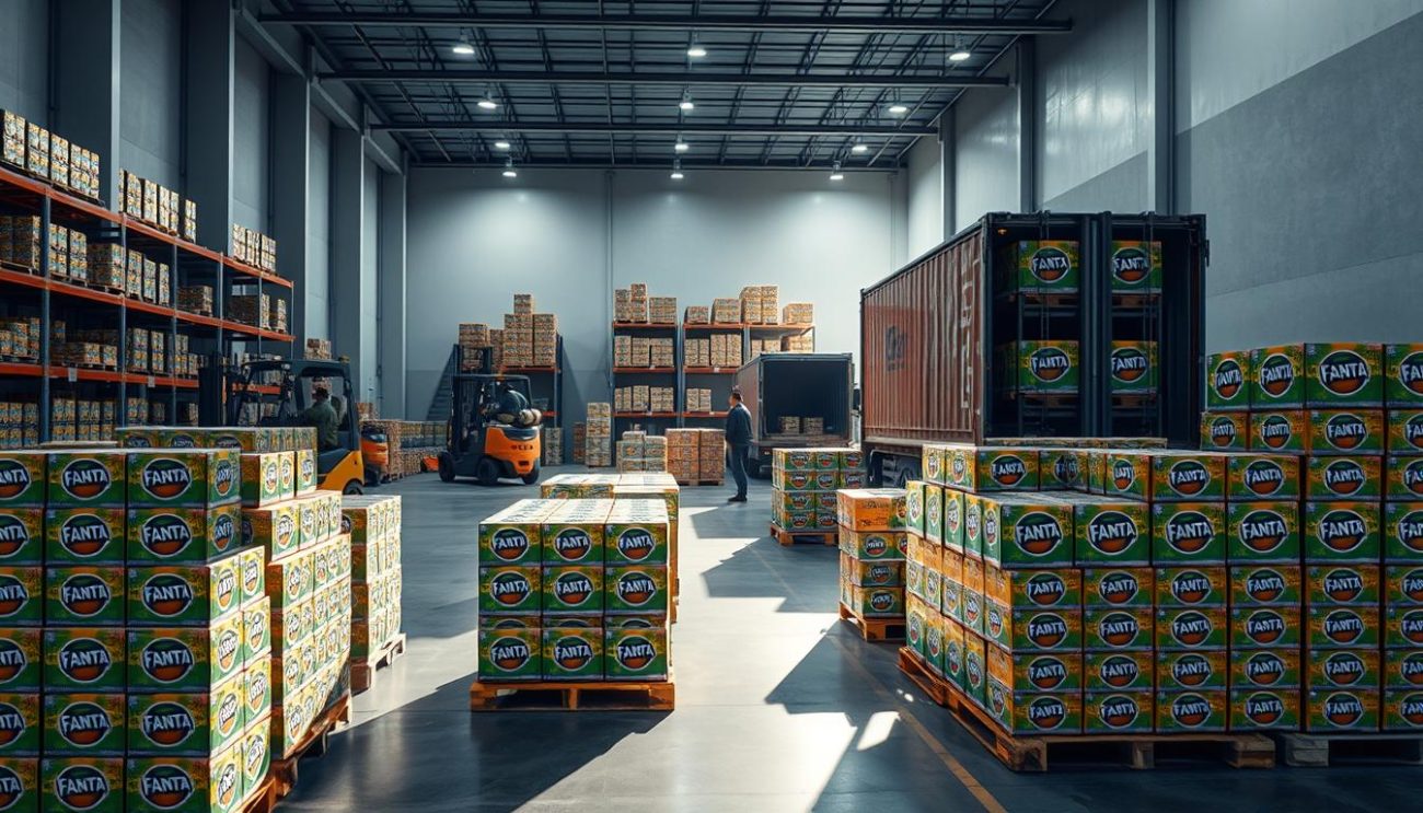 A modern warehouse interior with stacked pallets of Fanta soft drink cases in the foreground. Forklifts and workers carefully loading the pallets onto trucks, ensuring efficient distribution. Bright, directional lighting illuminates the scene, casting long shadows and highlighting the orderly arrangement of the beverages. The middle ground features shelves and racking systems, while the background showcases the clean, industrial architecture of the facility. An atmosphere of professionalism and logistical precision, conveying the strategic partnerships that enable Fanta's widespread availability across Europe.