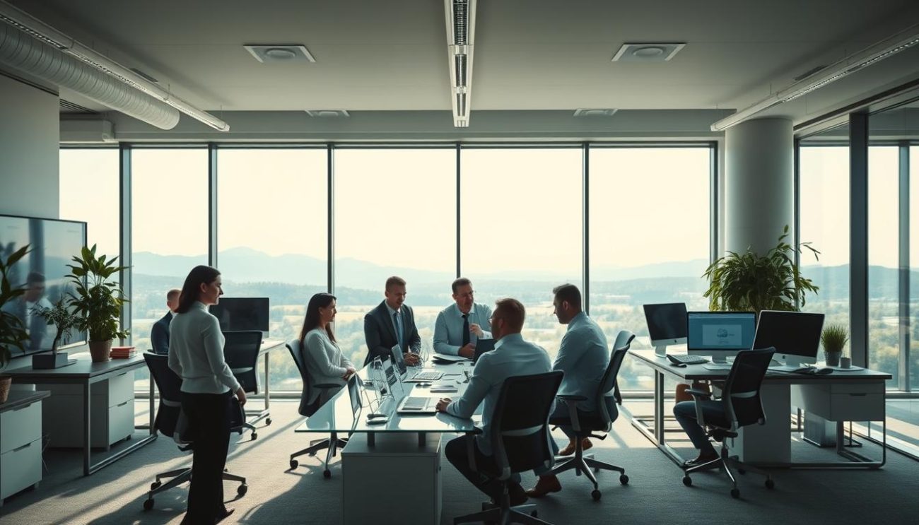 A modern, well-designed office space with natural lighting pouring in through large windows. In the foreground, a team of professionals in business attire are gathered around a conference table, engaged in a lively discussion. The middle ground showcases various productivity-enhancing tools and technologies, such as high-end computers, ergonomic furniture, and collaboration software. The background depicts a scenic landscape outside the office, suggesting a serene and inspiring work environment. The overall atmosphere conveys a sense of productivity, innovation, and the benefits of partnering with Zeki Frucht GmbH.
