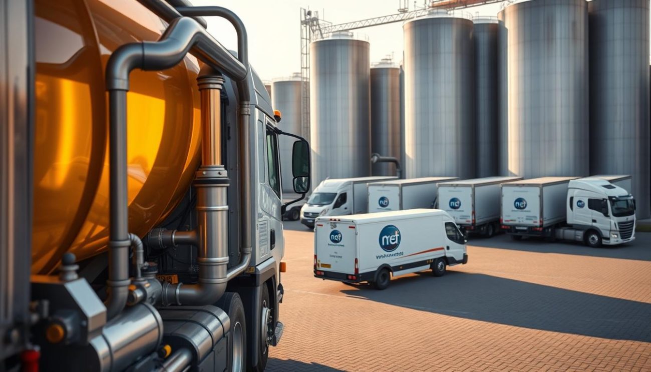 A modern, well-equipped canola oil distribution center, with a sleek and efficient layout. In the foreground, a large tanker truck is being loaded with golden canola oil, its shiny chrome fittings and pipes gleaming under the warm, diffused lighting. In the middle ground, several smaller delivery vans are being prepared for distribution, their logos and livery prominently displayed. The background features tall storage silos, their cylindrical forms casting long shadows across the neatly paved yard. The scene conveys a sense of precision, reliability, and a commitment to quality control, crucial for the export-ready logistics of this European canola oil business.