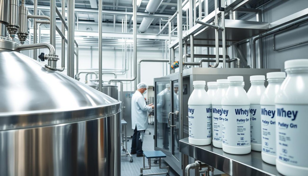 A modern, well-equipped factory producing high-quality whey protein drinks. In the foreground, gleaming stainless steel tanks and pipes convey the attention to detail and quality control. In the middle ground, workers in white lab coats and hairnets carefully monitor the production process, ensuring consistency and safety. The background showcases the advanced packaging and labeling equipment, with sleek, minimalist bottle designs ready for distribution. Bright, natural lighting illuminates the entire scene, creating a sense of cleanliness and professionalism. The overall atmosphere conveys the manufacturer's commitment to excellence, health, and consumer trust.