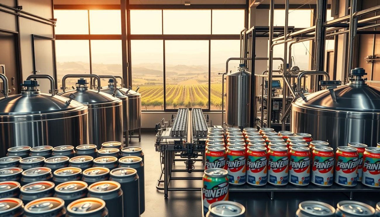 A modern, well-equipped private label energy drink manufacturing facility located in the heart of the Spanish countryside. In the foreground, rows of shiny stainless steel tanks stand ready to blend and package the latest energy drink flavors. The middle ground features an assembly line where cans are filled, sealed, and labeled with vibrant, eye-catching designs. In the background, large windows offer a panoramic view of rolling hills and vineyards, setting a peaceful, rustic tone. Warm, diffused lighting bathes the entire scene, creating a sense of clean efficiency and craftsmanship. The overall atmosphere conveys a brand that is both professional and in touch with its Spanish heritage.