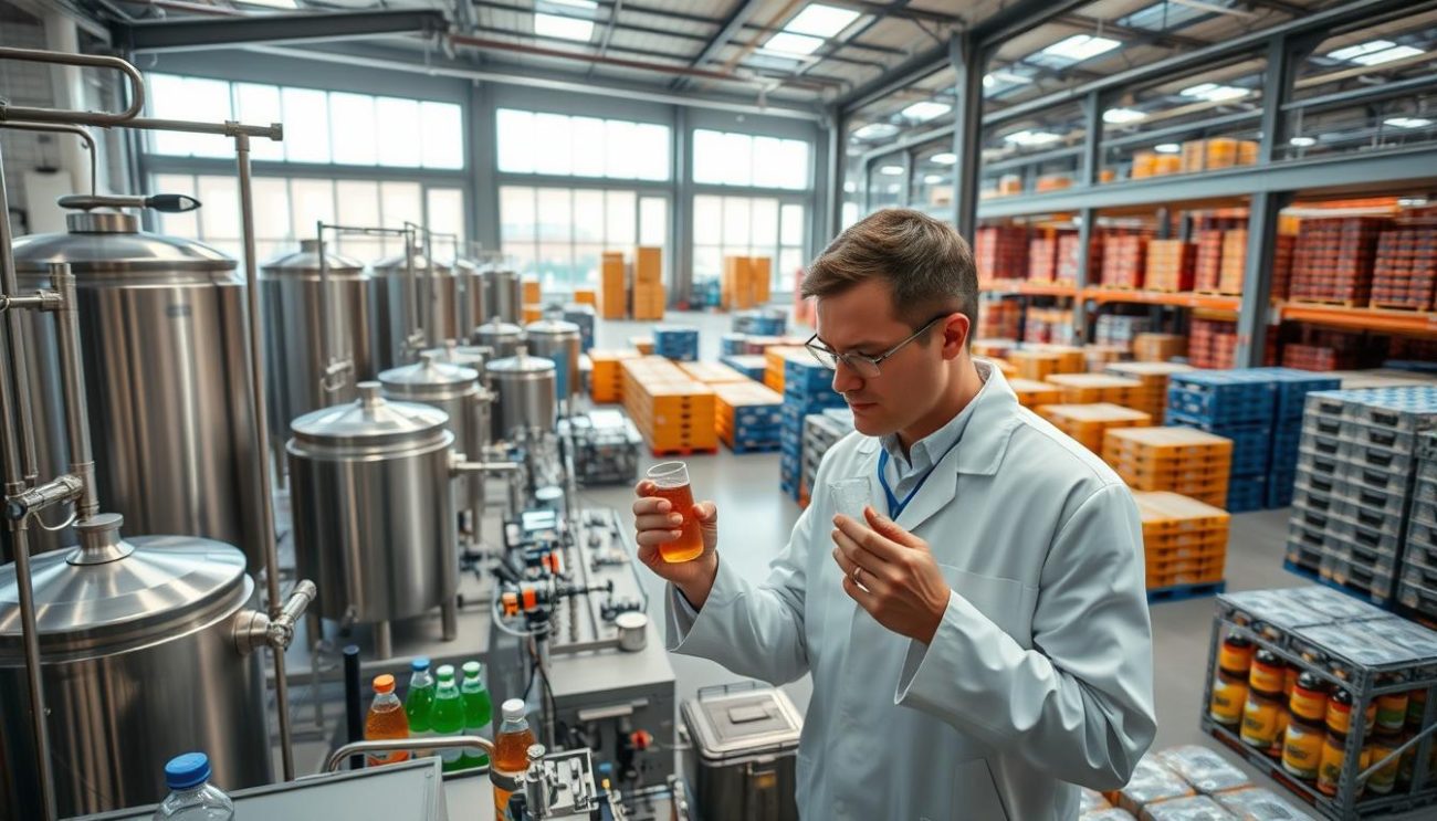 A modern, well-equipped quality assurance laboratory in a European soft drink distribution facility. The foreground features an engineer in a white lab coat carefully analyzing a sample of the beverage, surrounded by various testing equipment and instruments. The middle ground showcases rows of stainless steel tanks, pipes, and other production machinery, all meticulously maintained. The background depicts floor-to-ceiling windows overlooking a bustling warehouse filled with neatly stacked crates and pallets of the distributor's products, bathed in warm, natural lighting. The overall atmosphere conveys a sense of professionalism, attention to detail, and a commitment to delivering the highest quality soft drinks to the European market.