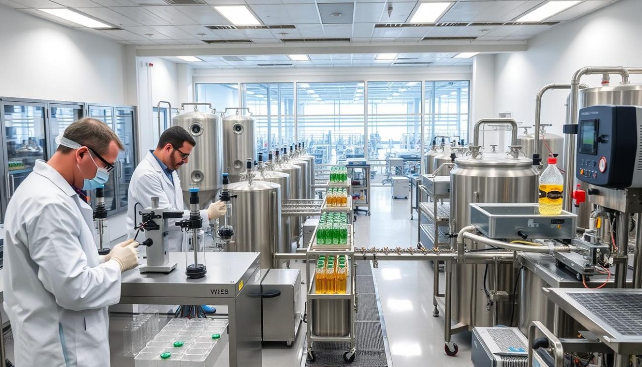 A modern, well-equipped quality control laboratory in a beverage production facility. The foreground features a team of scientists in white lab coats meticulously testing various samples using advanced analytical equipment like chromatographs and spectrophotometers. The middle ground showcases rows of stainless steel tanks, pipes, and other production machinery, all gleaming under the bright, even lighting. In the background, a panoramic window offers a view of the bustling factory floor, where automated bottling and packaging lines efficiently process the beverages. The overall atmosphere conveys a sense of rigor, precision, and a relentless commitment to quality and safety standards.