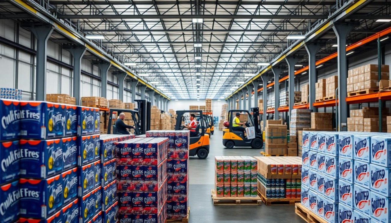 A modern, well-equipped sports drink wholesaler facility in a bustling European city. The foreground features rows of neatly stacked sports drink cases, with bright, eye-catching branding. In the middle ground, forklift operators efficiently load and unload shipments, while the background showcases a state-of-the-art warehouse with high ceilings, plenty of natural light, and a clean, organized layout. The overall atmosphere conveys a sense of professionalism, efficiency, and a commitment to providing high-quality sports drinks to the European market.
