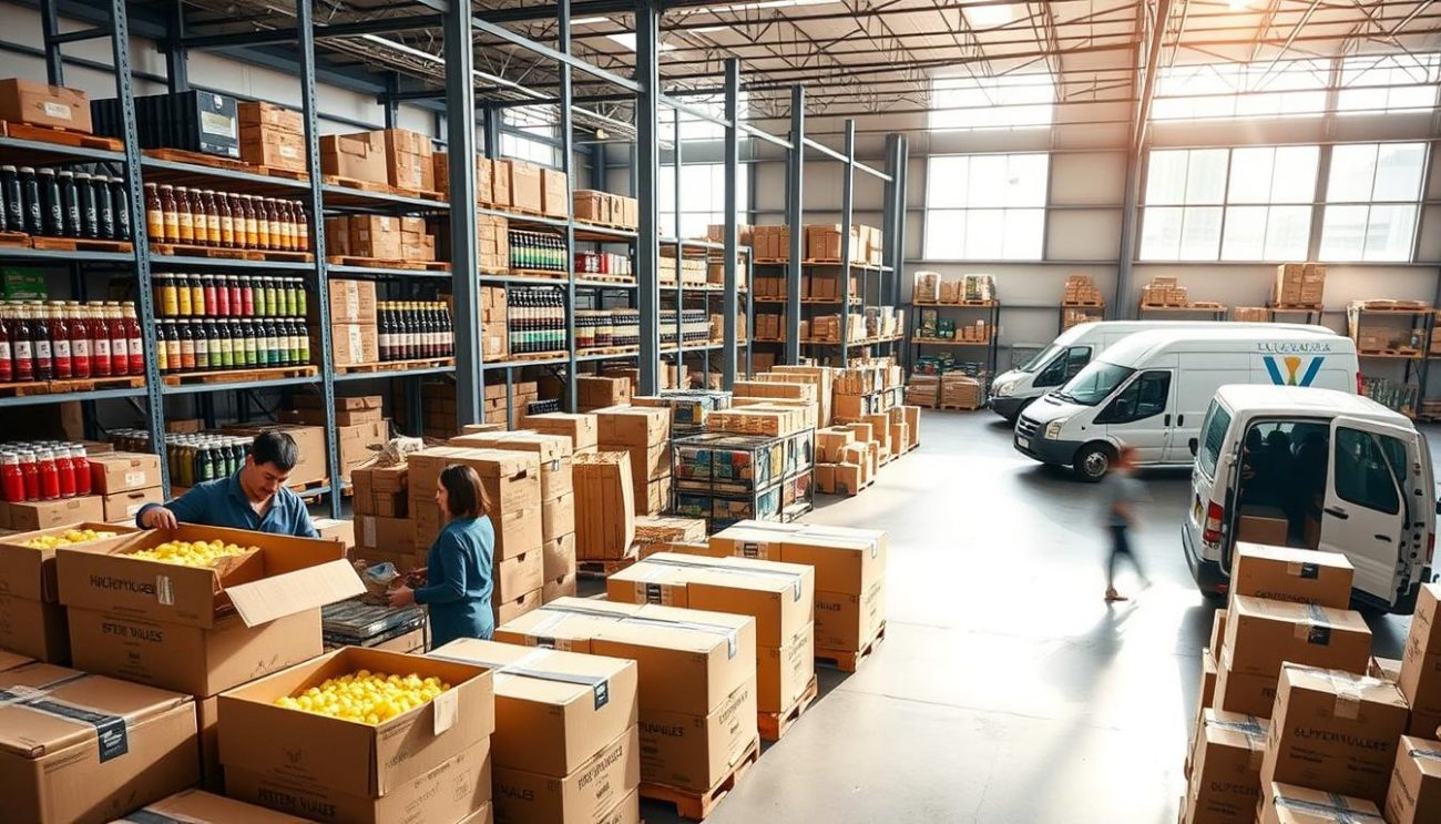 A modern, well-equipped warehouse bustling with activity. In the foreground, a team of diligent workers carefully package an array of vibrant, health-infused beverages into sturdy boxes, ready for seamless delivery. The middle ground showcases an impressive inventory of premium superfood juices, tonics, and specialty imports, neatly organized on sleek, wooden shelves. Warm, natural lighting filters through large windows, casting a serene glow over the scene. In the background, a fleet of delivery vans, freshly stocked, await their journey to bring these wellness elixirs to health-conscious consumers. The atmosphere exudes efficiency, professionalism, and a commitment to quality, encapsulating the benefits of partnering with this reputable wholesale supplier.