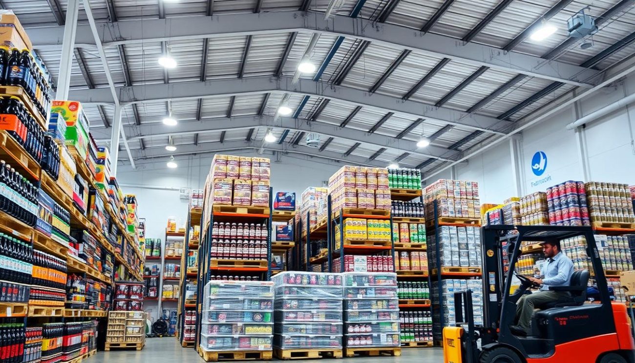 A modern, well-equipped warehouse with neatly stacked pallets of various beverage products. The interior is brightly lit with a mix of natural and artificial lighting, creating a clean, professional atmosphere. In the foreground, a forklift operator carefully maneuvers a pallet, showcasing the efficient handling and distribution capabilities. The middle ground features orderly rows of shelves, each stocked with a diverse array of bottled drinks, cans, and other packaging. In the background, the company's logo is prominently displayed, reinforcing the brand's identity and reputation for reliable service. The overall scene conveys a sense of a thriving, fast-paced wholesaler dedicated to delivering high-quality beverages with speed and precision.