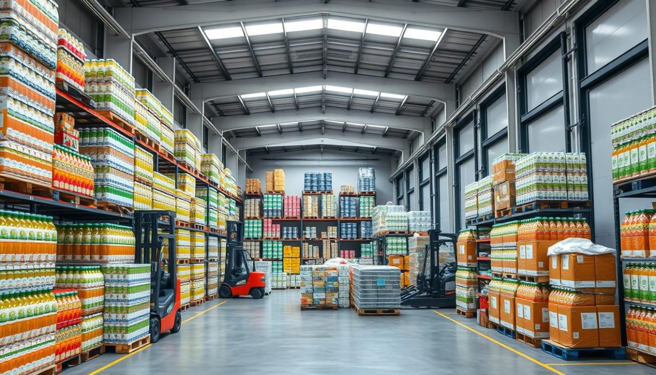 A modern, well-lit European beverage warehouse, with rows of stacked pallets of organic soft drinks and juices ready for distribution. The foreground features forklifts carefully maneuvering bulks of goods, while the middle ground showcases organized shelving units and packaging materials. The background depicts large loading bay doors, allowing natural light to stream in and create a sense of energy and efficiency. The overall atmosphere conveys a professional, streamlined operation catering to the growing demand for healthier, sustainable beverage options across the continent.
