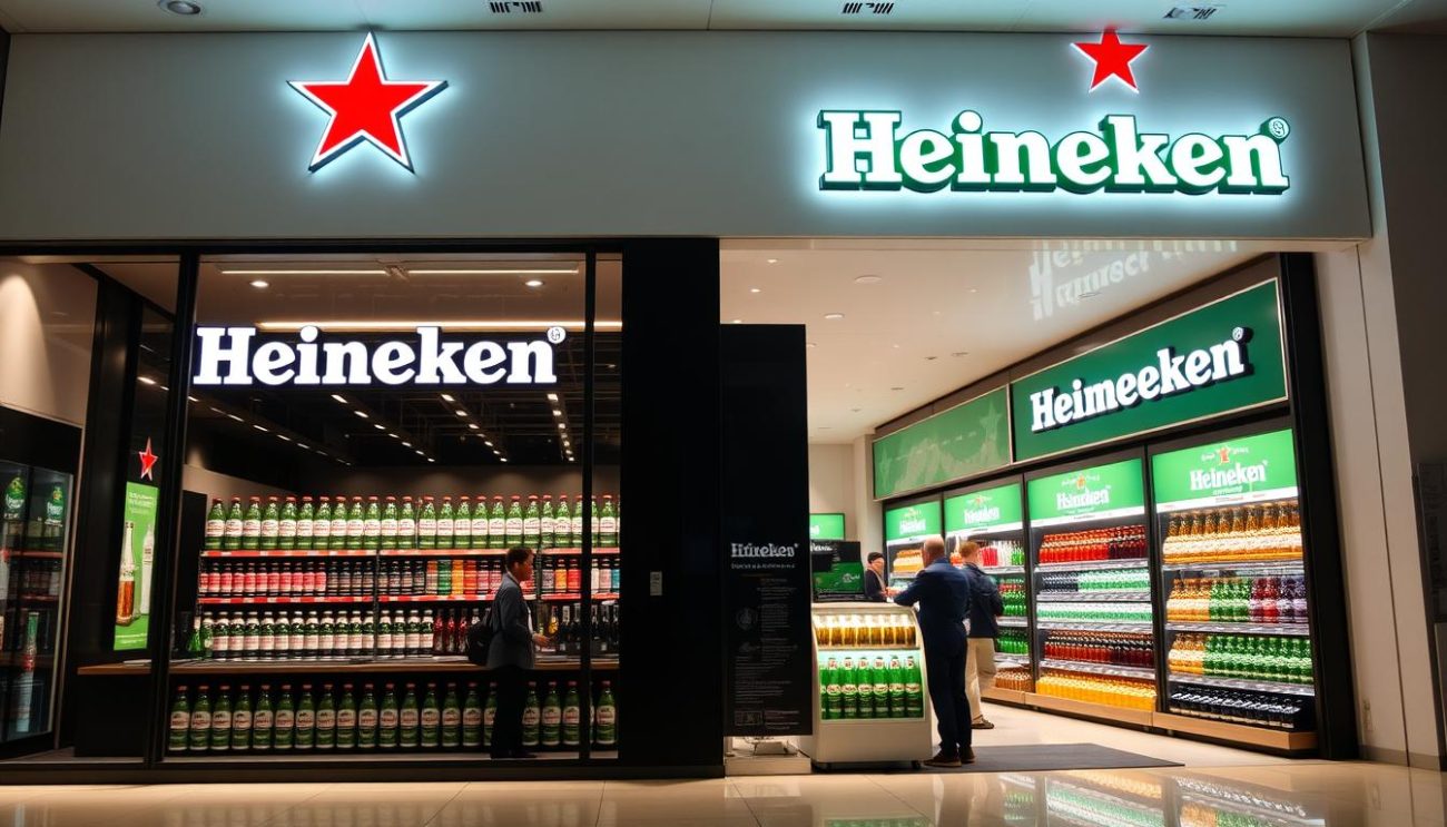 A modern, well-lit Heineken beer store featuring a prominent Heineken logo and branding. The storefront has large windows showcasing a variety of Heineken products arranged neatly on shelves. The interior is clean, minimalist, and designed to highlight the quality and heritage of the Heineken brand. Customers can be seen browsing the selection, conveying a sense of professionalism and expertise in beer distribution. The overall atmosphere is one of a premium, high-quality beer retailer focused on providing an excellent customer experience.