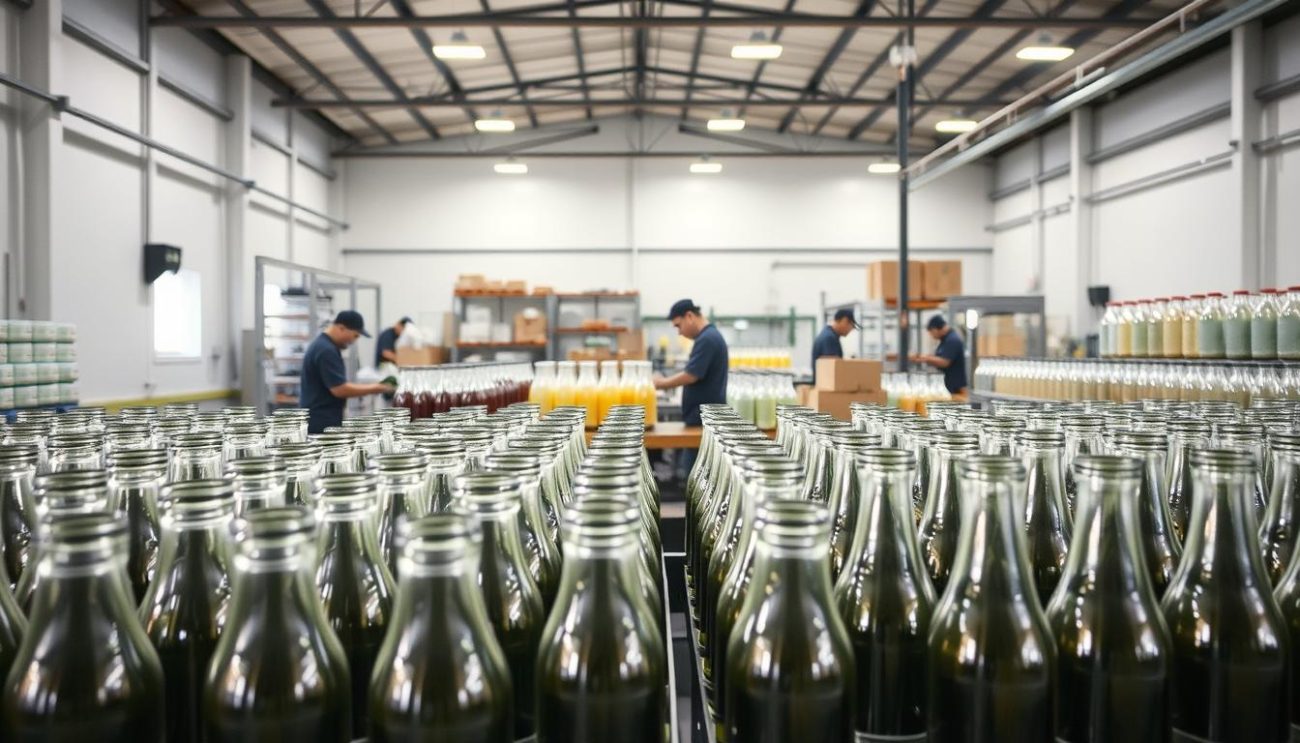 A modern, well-lit glass production facility, with rows of gleaming glass bottles and jars in the foreground, arranged neatly on shelves. The bottles catch the soft, diffused light, creating a sense of refinement and quality. In the middle ground, workers carefully inspect and package the sustainable glass containers, showcasing the attention to detail and commitment to eco-friendly practices. The background features the warehouse infrastructure, with high ceilings and steel beams, conveying a sense of industrial efficiency. The overall scene radiates a clean, minimalist aesthetic, highlighting the purity and environmental responsibility of the vegan drink packaging.