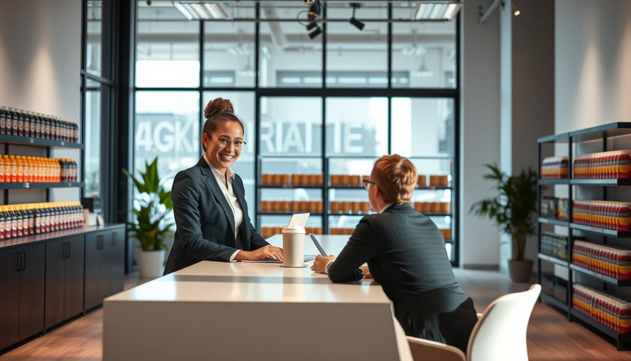 A modern, well-lit interior of a customer service office for a high-protein drink manufacturer. The foreground features a friendly customer service representative in a professional attire, smiling and assisting a customer seated across a sleek, minimalist desk. The middle ground showcases the company's product line, neatly displayed on shelves with clear labeling. The background features floor-to-ceiling windows, allowing natural light to flood the space and create a warm, inviting atmosphere. The overall scene conveys a sense of efficiency, attention to detail, and a genuine commitment to customer satisfaction.
