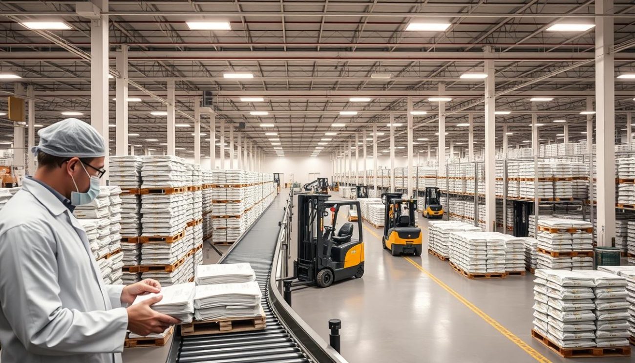 A modern, well-lit milk powder distribution center, featuring rows of stacked pallets and an efficient conveyor system. The foreground shows a worker in a white lab coat carefully inspecting packages before loading them onto the conveyor belt. In the middle ground, automated forklifts navigate the aisles, efficiently transporting pallets to their designated shipping areas. The background showcases the facility's clean, organized layout and advanced temperature and humidity controls, ensuring the quality and freshness of the milk powder. Soft, diffused lighting creates a professional, clinical atmosphere, emphasizing the attention to detail and safety protocols in this state-of-the-art distribution hub.