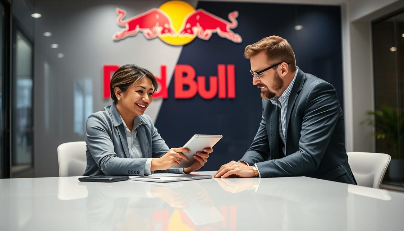 A modern, well-lit office interior with a large desk and a professional customer service representative assisting a wholesaler customer. The representative has a warm, friendly expression and is gesturing animatedly while explaining product details on a tablet. The wholesaler customer is engaged, leaning forward and listening intently. The background features the iconic Red Bull logo and brand colors, conveying the high-quality, reliable nature of the B2B wholesale relationship. Soft, directional lighting illuminates the scene, creating a sense of professionalism and trustworthiness. The overall atmosphere is one of exceptional customer service and a collaborative, solutions-oriented partnership.