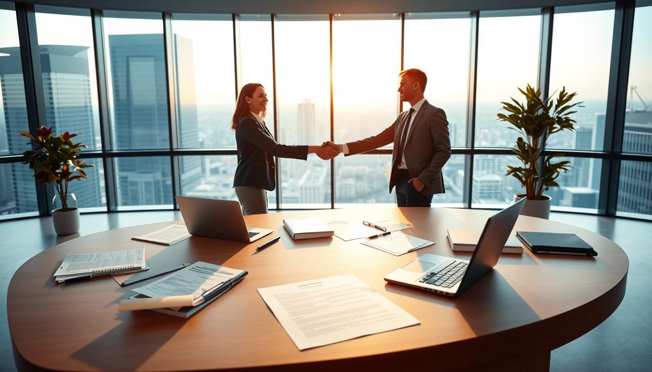 A modern, well-lit office setting with a large, curved desk in the foreground. On the desk, various business documents, a laptop, and a B2B supplier agreement. In the middle ground, two businesspeople in professional attire shake hands, signifying a successful partnership. The background features floor-to-ceiling windows overlooking a vibrant cityscape, conveying a sense of growth and opportunity. The lighting is warm and inviting, with a touch of minimalism, emphasizing the benefits of working with a reliable B2B supplier.
