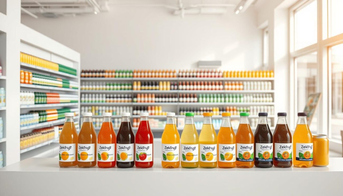 A modern, well-lit retail space showcasing an array of low-calorie drink options. In the foreground, a sleek, minimalist display counter holds an assortment of colorful beverage bottles and cans, their labels prominently featuring the Zeki Frucht GmbH branding. The middle ground features neatly organized shelves stocked with a variety of low-calorie fruit juices, sparkling waters, and other healthy, low-sugar drink choices. The background is a bright, airy space with large windows allowing natural light to flood the room, creating a warm, inviting atmosphere. The overall scene conveys a sense of wellness, quality, and attention to consumer health and lifestyle trends in the Spanish market.