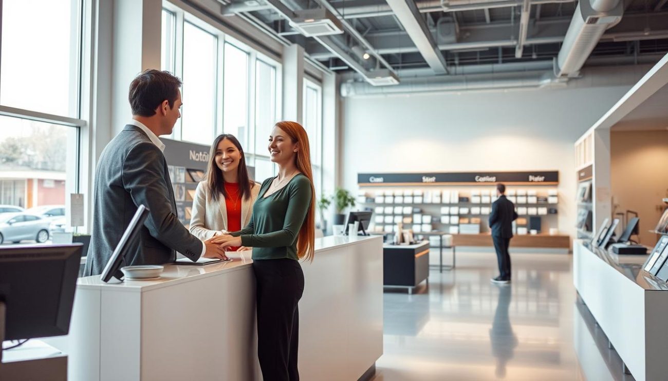 A modern, well-lit showroom featuring a sleek, minimalist customer service counter. In the foreground, a friendly sales representative assists a customer, their body language conveying attentive, personalized service. The middle ground showcases an array of neatly displayed products, inviting exploration. The background features large windows, allowing natural light to flood the space and create a warm, welcoming atmosphere. The overall scene radiates professionalism, efficiency, and a genuine commitment to providing an exceptional customer experience.