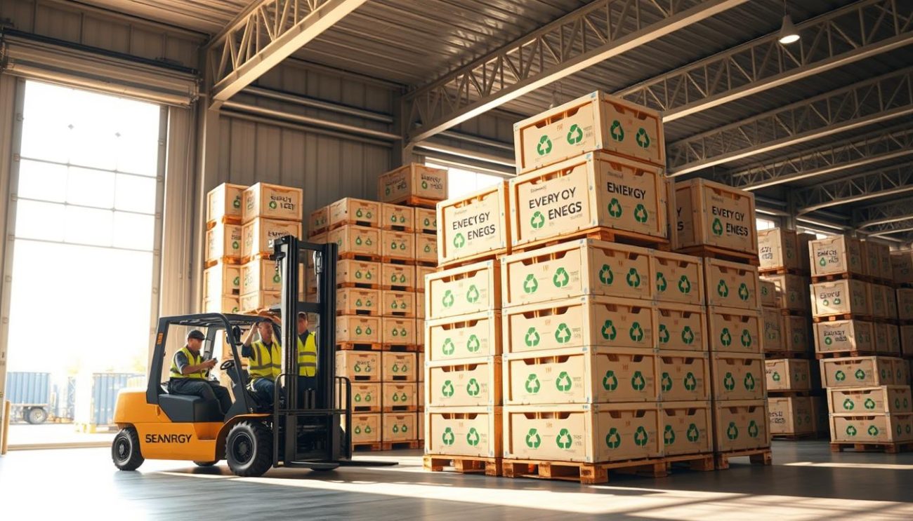 A modern, well-lit warehouse interior, featuring large stacks of sustainable energy beverage crates ready for distribution. The crates are made of eco-friendly materials, with minimal plastic packaging and prominent recycling symbols. Forklifts and workers in high-visibility vests efficiently load the crates onto waiting trucks, conveying a sense of streamlined logistics and environmental responsibility. Bright, natural lighting filters in through large windows, casting a warm glow on the scene. The overall atmosphere exudes a tone of corporate social responsibility and commitment to sustainable practices in the energy beverage industry.
