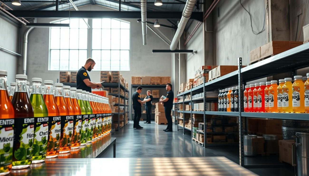 A modern, well-lit warehouse interior showcasing a premium organic energy drink distributor. In the foreground, sleek glass bottles of vibrant, natural-looking energy drinks are displayed on polished metal shelves. The middle ground features uniformed staff members actively stocking the shelves and interacting with customers. The background reveals high ceilings, large windows allowing natural light to flood the space, and a minimalist, industrial-chic aesthetic with exposed pipes and concrete walls. The overall atmosphere conveys a sense of quality, sustainability, and health-conscious consumer focus.