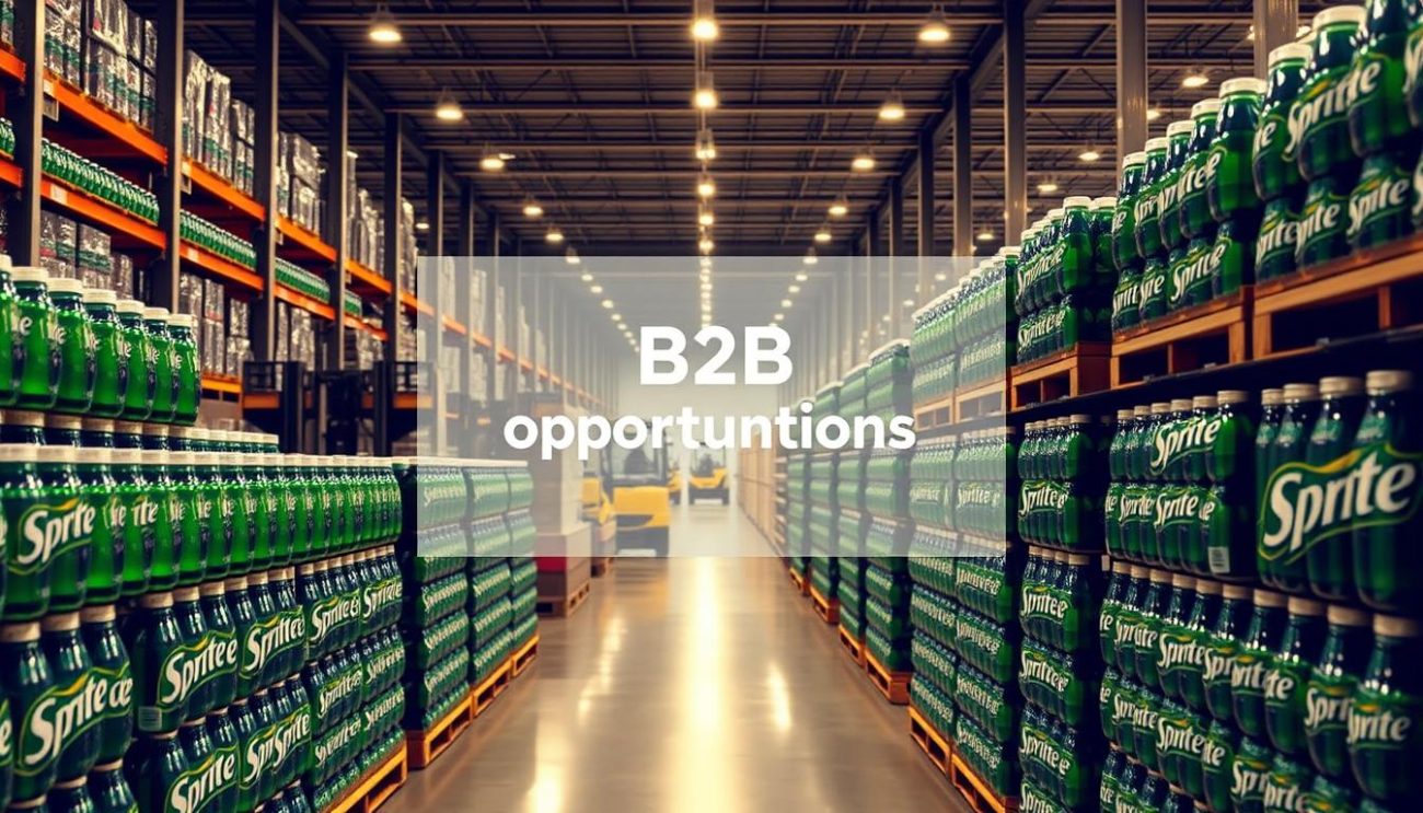 A modern, well-lit warehouse interior with rows of neatly stacked Sprite 500ml bottles ready for distribution. Forklifts in the background move pallets, highlighting the efficient logistics. A central display showcases partnership opportunities, featuring a sleek, minimalist design. Warm lighting casts a professional, inviting atmosphere, emphasizing the reliability and quality of the B2B beverage distribution network. The image conveys a sense of dynamic, streamlined operations catered to wholesale customers seeking dependable supply chain solutions.