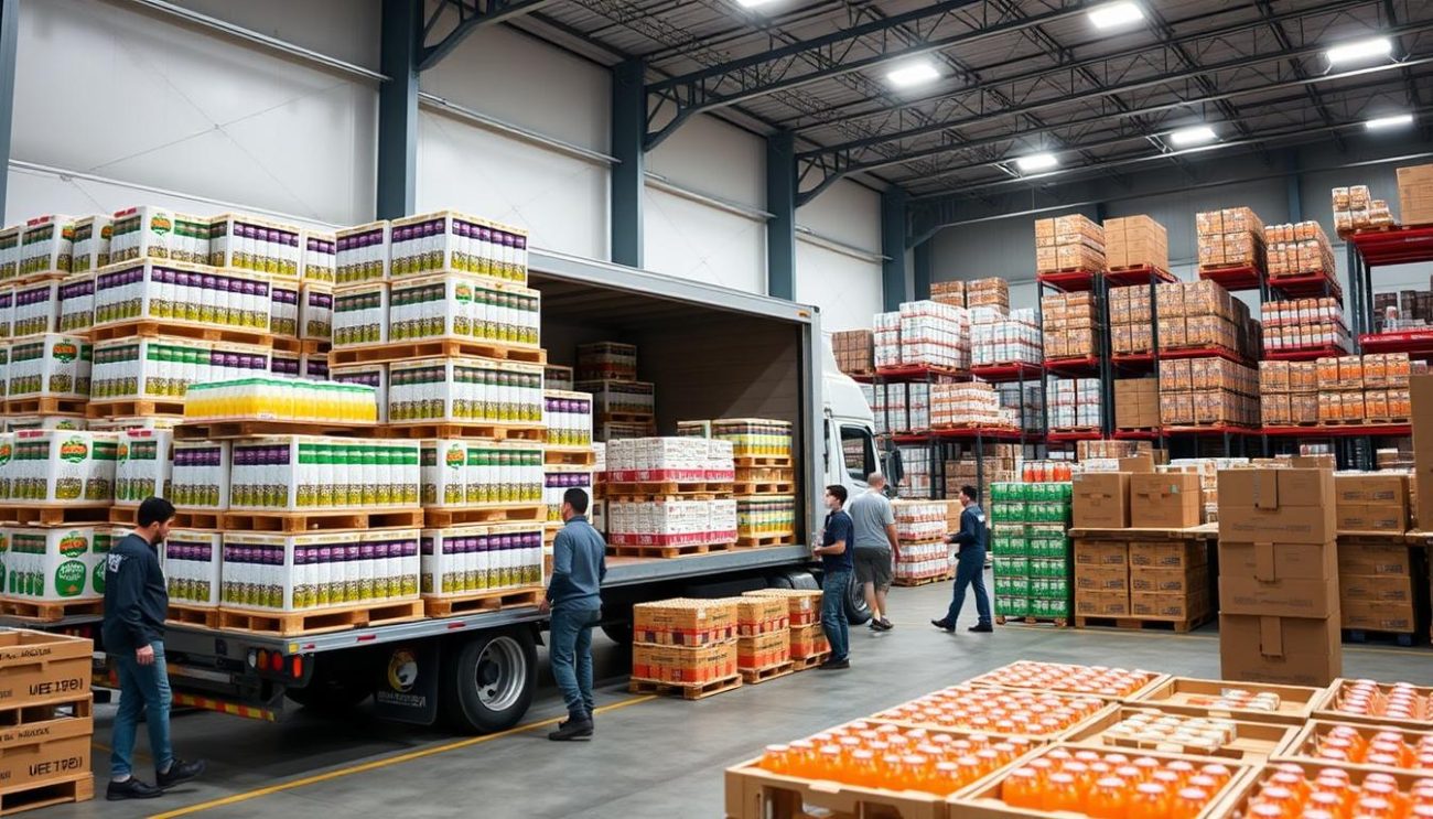 A modern, well-lit warehouse interior with rows of neatly stacked cases and crates of various vegan beverages. In the foreground, a team of workers carefully loading the crates onto a large delivery truck, ready to be shipped to B2B partners. The middle ground showcases the diverse range of vegan drink products, including plant-based milks, juices, and sparkling sodas. The background features a clean, organized storage area with efficient racking systems. The overall scene conveys a sense of professionalism, reliability, and attention to detail in the B2B vegan beverage supply chain.