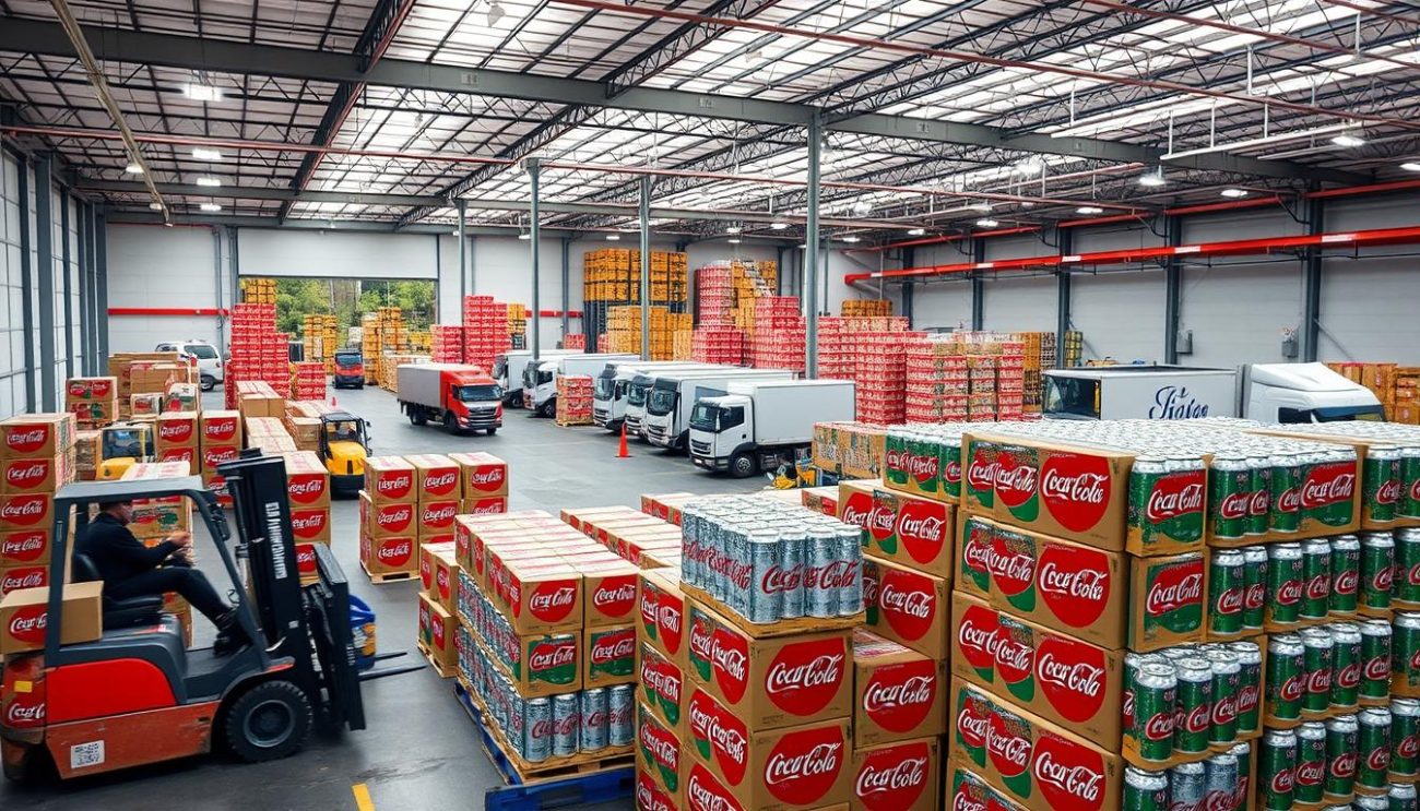 A modern, well-lit warehouse interior with rows of stacked Coca-Cola 330ml cans in cardboard boxes, ready for distribution. The foreground features forklifts moving pallets of boxed cans, workers checking inventory, and loading docks with trucks waiting to be filled. The middle ground showcases the organized arrangement of the boxed cans, while the background highlights the efficient workflow and logistics of a professional B2B beverage distribution operation. The scene conveys a sense of productivity, reliability, and commitment to serving the wholesale market.
