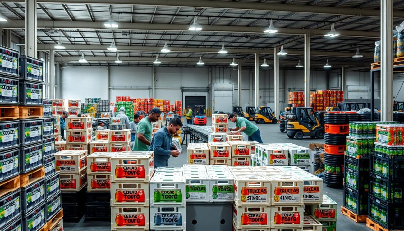 A modern, well-lit warehouse interior with rows of stacked beverage crates and barrels. In the foreground, a group of workers carefully arranging and labeling customized soda crates, each showcasing a unique design or flavor. The middle ground features a conveyor belt transporting the packaged orders, while the background depicts loading bays and forklifts, creating a sense of a bustling, efficient B2B beverage operation. The overall atmosphere is one of professionalism, attention to detail, and a commitment to providing tailored solutions for customers.
