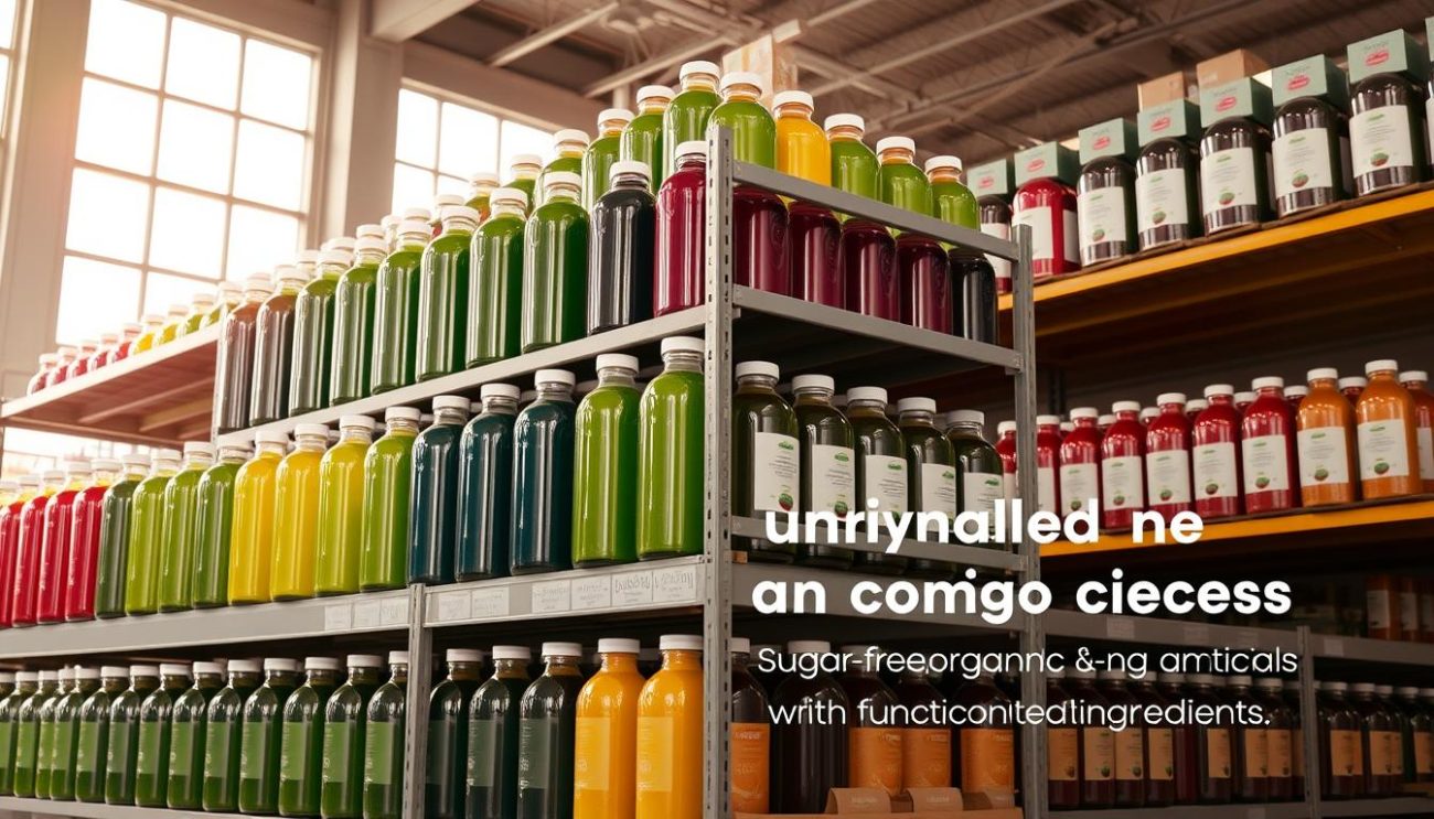 A modern, well-lit warehouse interior, with shelves stacked high with organic functional beverage products. Sleek, minimalist glass bottles filled with vibrant, nutrient-rich liquids in shades of greens, blues, and reds. The bottles are neatly arranged in orderly rows, ready for shipment. Soft, natural lighting filters in through large windows, casting a warm glow over the scene. The atmosphere is clean, professional, and evokes a sense of quality and health consciousness. The focus is on the unrivaled product features - sugar-free, organic, and functional ingredients - conveying a premium, wellness-focused brand identity.