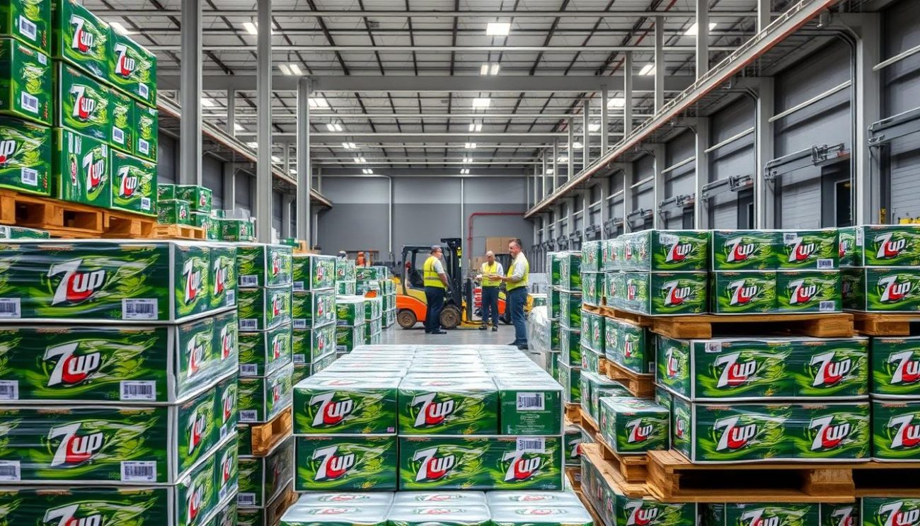 A modern, well-lit warehouse interior with stacks of 7Up soft drink pallets in the foreground, showcasing their organization and quality. In the middle ground, a team of workers inspects the pallets, checking seals and product labels. The background features sleek, silver forklifts and loading docks, conveying a sense of efficient B2B distribution. The lighting is bright and even, emphasizing the attention to detail and professionalism in the quality certification process. The overall atmosphere is one of precision, reliability, and trust, reflecting the high standards of the 7Up brand.