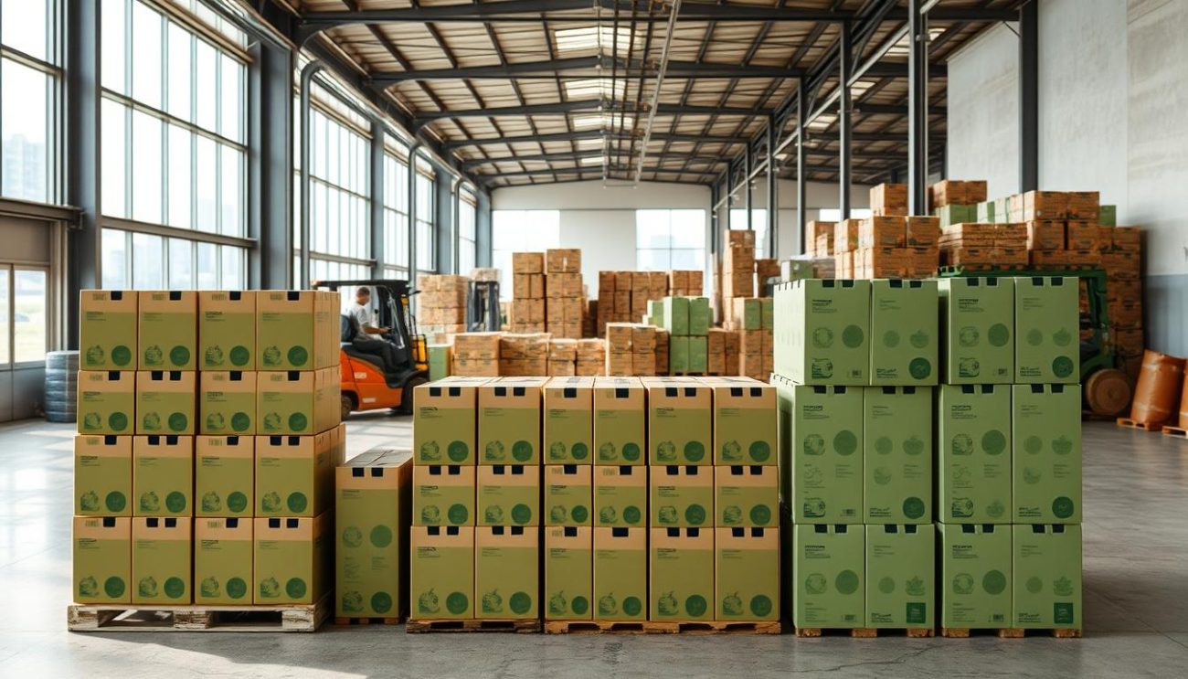 A modern, well-lit warehouse interior with stacks of eco-friendly beverage packaging arranged in the foreground. The packaging features sleek, minimalist designs in muted green and brown tones, made from sustainable materials like biodegradable plant-based plastics and recycled cardboard. In the middle ground, forklift operators meticulously load the packages onto pallets, emphasizing the efficient, streamlined logistics operation. The background shows the warehouse's high ceilings, large windows, and a glimpse of the city skyline outside, conveying a sense of environmental consciousness and urban sustainability.