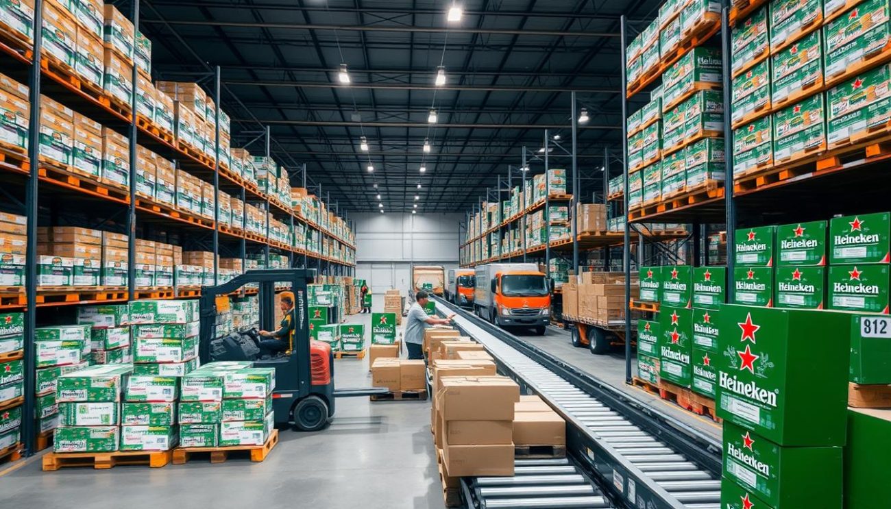 A modern, well-lit warehouse interior with sturdy shelving units holding stacks of Heineken beer cases. In the foreground, a forklift operator carefully maneuvers a pallet of orders, while in the middle ground, workers methodically pack boxes onto a conveyor belt. The background showcases an efficient distribution system, with trucks loading up and departing the facility. The scene conveys a sense of organized productivity, reflecting the "Proceso de pedido y distribución" (Order and Distribution Process) of the Heineken wholesale supply chain.