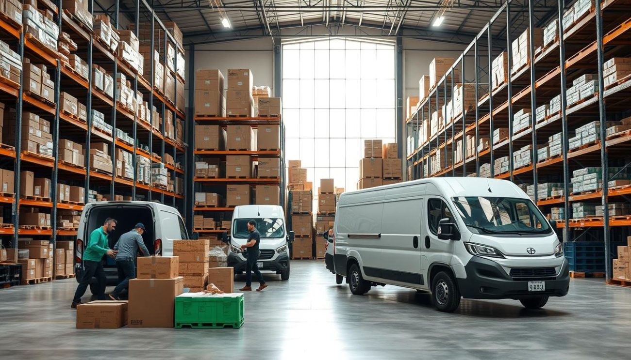 A modern, well-lit warehouse interior with towering shelves stocked with sustainable packaging solutions. In the foreground, a team of efficient workers carefully load sleek, eco-friendly delivery containers onto a fleet of electric delivery vans, ready to depart for their destinations. The middle ground showcases an array of innovative packaging materials, including compostable boxes, reusable crates, and biodegradable cushioning. The background features large windows, allowing natural light to flood the space and create a clean, bright atmosphere. The overall scene conveys a sense of environmental responsibility, technological advancement, and streamlined logistics, perfectly capturing the essence of "Packaging, Sustainability, and Fast Delivery".