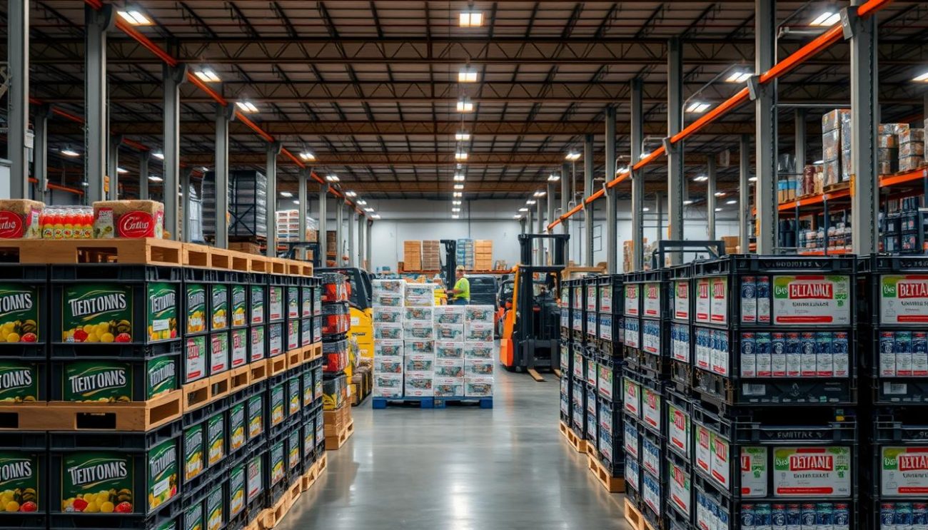 A modern, well-lit warehouse interior. In the foreground, rows of neatly stacked beverage crates in various branded labels, reflecting the customization options for private label products. Meticulously organized pallets in the middle ground, ready for distribution. In the background, forklifts and workers efficiently loading trucks, capturing the industrious atmosphere of a thriving wholesale operation. The scene conveys a sense of professionalism, attention to detail, and the company's capability to deliver customized private label beverage solutions to its clients.