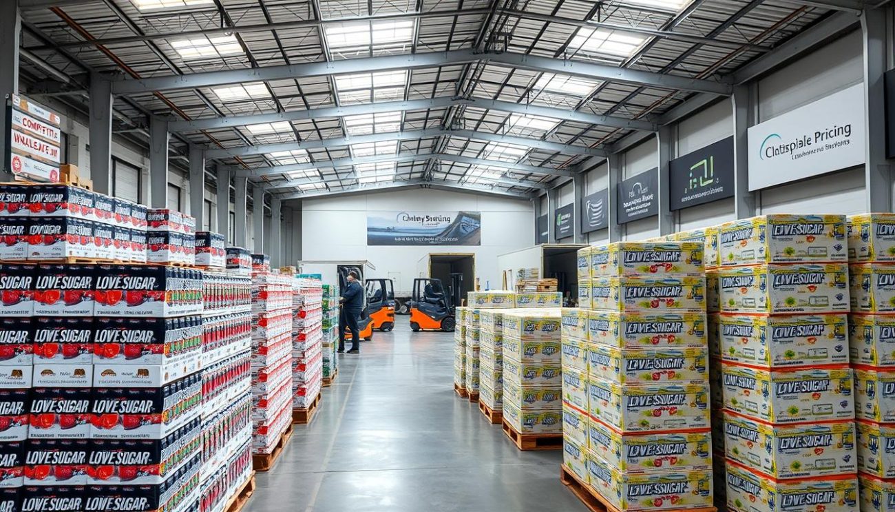 A modern, well-lit warehouse interior. In the foreground, rows of neatly stacked pallets of low-sugar energy drink cases, organized by flavor and size. The middle ground features forklifts and employees efficiently loading the pallets onto delivery trucks, reflecting the speed and precision of the order fulfillment process. The background showcases the company's branding and signage, emphasizing its commitment to competitive wholesale pricing and reliable service. The overall atmosphere conveys a sense of efficiency, professionalism, and a dedication to meeting the needs of the European market.