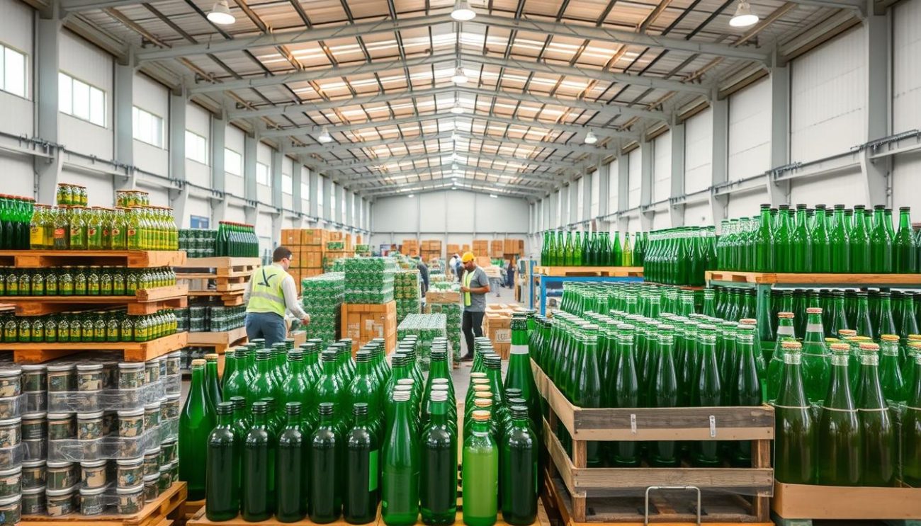 A modern, well-lit warehouse showcasing an array of sustainable glass packaging solutions. In the foreground, neatly stacked pallets of various glass bottles and jars in an assortment of sizes and shapes. The middle ground features workers carefully arranging and securing the packages, ensuring a safe and efficient delivery. In the background, a panoramic view of the warehouse interior with high ceilings, ample natural light, and a clean, organized layout. The overall scene conveys a sense of quality, attention to detail, and a commitment to environmentally-conscious practices, reflecting the values of a trusted wholesale partner in the European soft drinks industry.