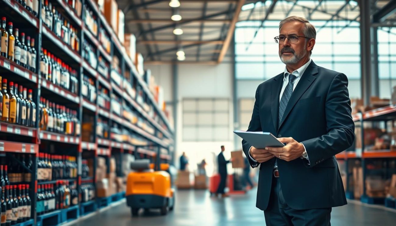A modern, well-lit wholesale beverage distribution warehouse with rows of shelves stocked with various alcoholic drinks. In the foreground, a middle-aged man in a suit inspects inventory, clipboard in hand, conveying an atmosphere of efficient professionalism. The middle ground shows forklifts and employees moving pallets, highlighting the logistical operations. The background features large bay doors, allowing natural light to stream in and showcasing the scale of the facility. The overall scene communicates the advantages of working with an authorized, experienced distributor - reliability, expertise, and the capacity to handle large-scale orders.