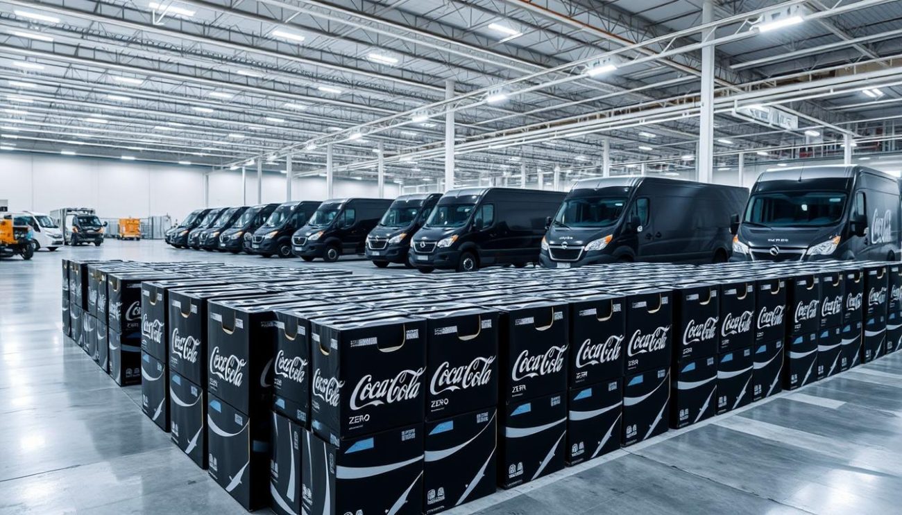 A modern, well-organized B2B beverage delivery system. In the foreground, rows of neatly stacked Coca-Cola Zero cases await dispatch, their glossy black labels and silver accents gleaming under soft, directional lighting. In the middle ground, a fleet of delivery vans stands ready, their interiors efficiently configured to maximize cargo space. The background reveals a spacious, meticulously maintained warehouse, its high ceilings and clean concrete floors creating a sense of order and efficiency. The overall atmosphere conveys a seamless, technology-driven logistics operation, designed to streamline the wholesale ordering and distribution process.