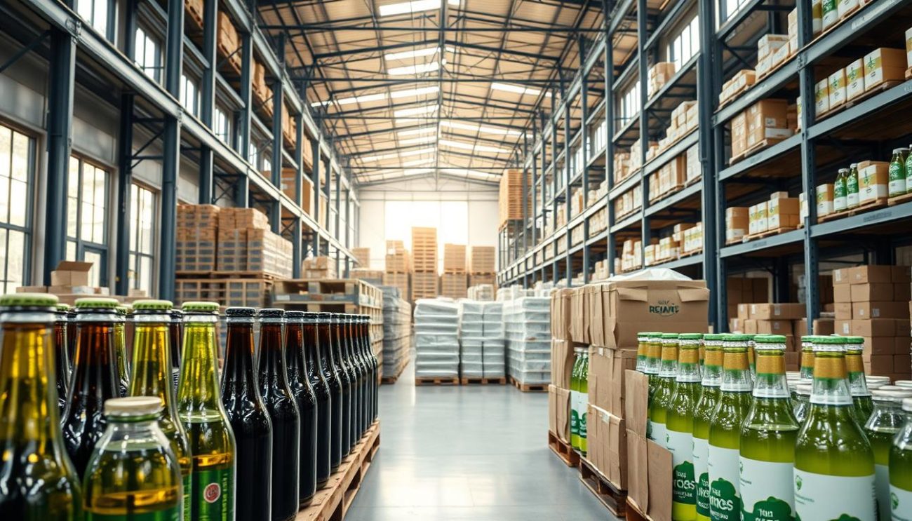 A modern, well-organized European beverage warehouse, illuminated by soft natural light filtering through large windows. In the foreground, rows of sustainable packaging solutions - sleek glass bottles, minimalist aluminum cans, and eco-friendly paper cartons. The middle ground showcases carefully stacked pallets, ready for distribution to organic soft drink wholesalers across the continent. The background features state-of-the-art storage racks and logistics infrastructure, conveying a sense of efficiency and environmental responsibility. The overall atmosphere is clean, bright, and reflects the commitment to delivering high-quality, sustainable products.