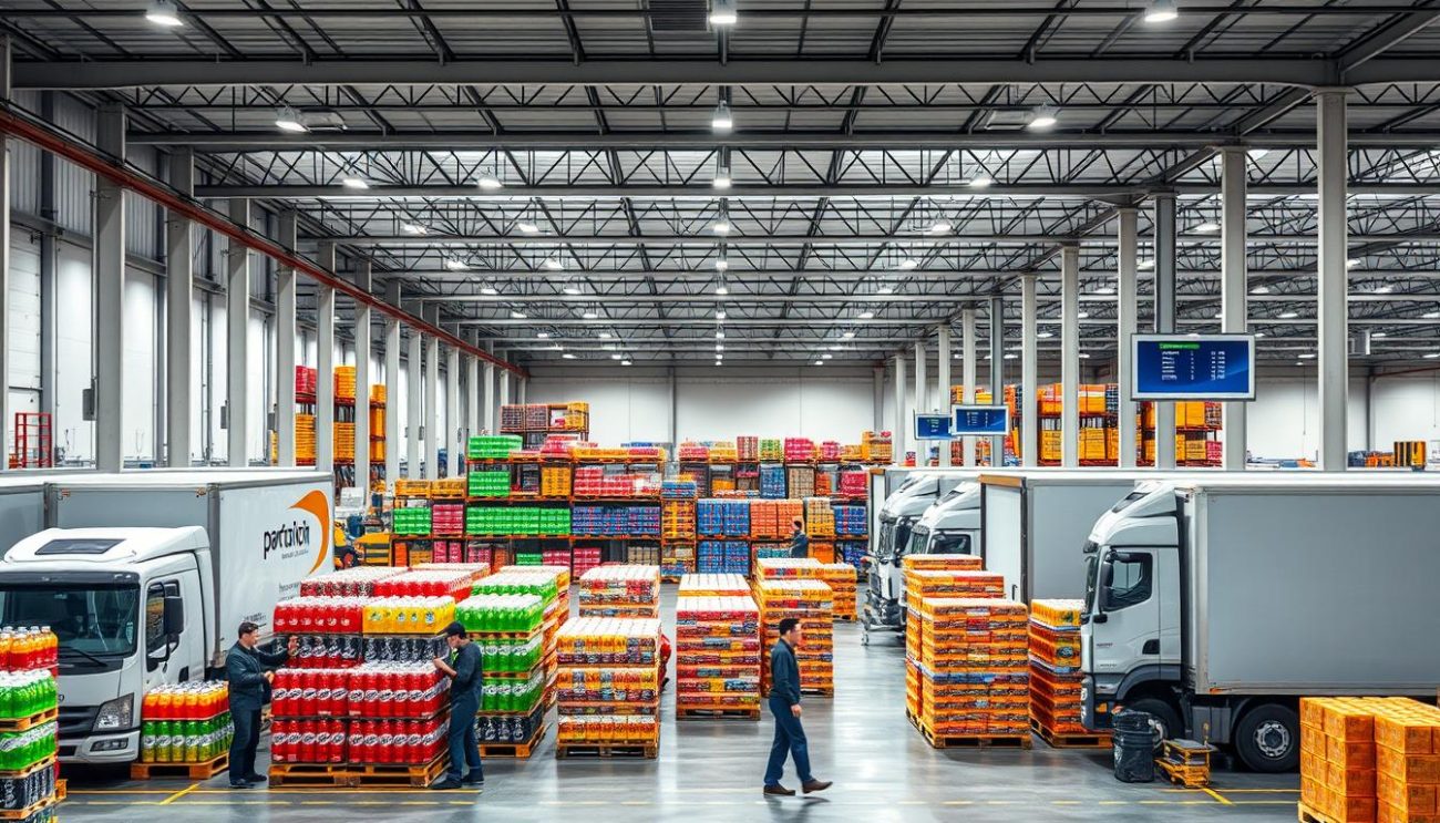 A modern, well-organized European sports drink distribution warehouse. In the foreground, workers efficiently load pallets of colorful, branded sports drink bottles onto a fleet of delivery trucks. The middle ground showcases the warehouse's streamlined inventory management system, with rows of neatly stacked shelves and digital displays tracking stock levels. The background reveals the warehouse's expansive layout, with high ceilings, ample natural light, and a focus on sustainability through energy-efficient systems. The overall atmosphere conveys a sense of professionalism, technological sophistication, and a commitment to meeting the demands of the European sports drink market.